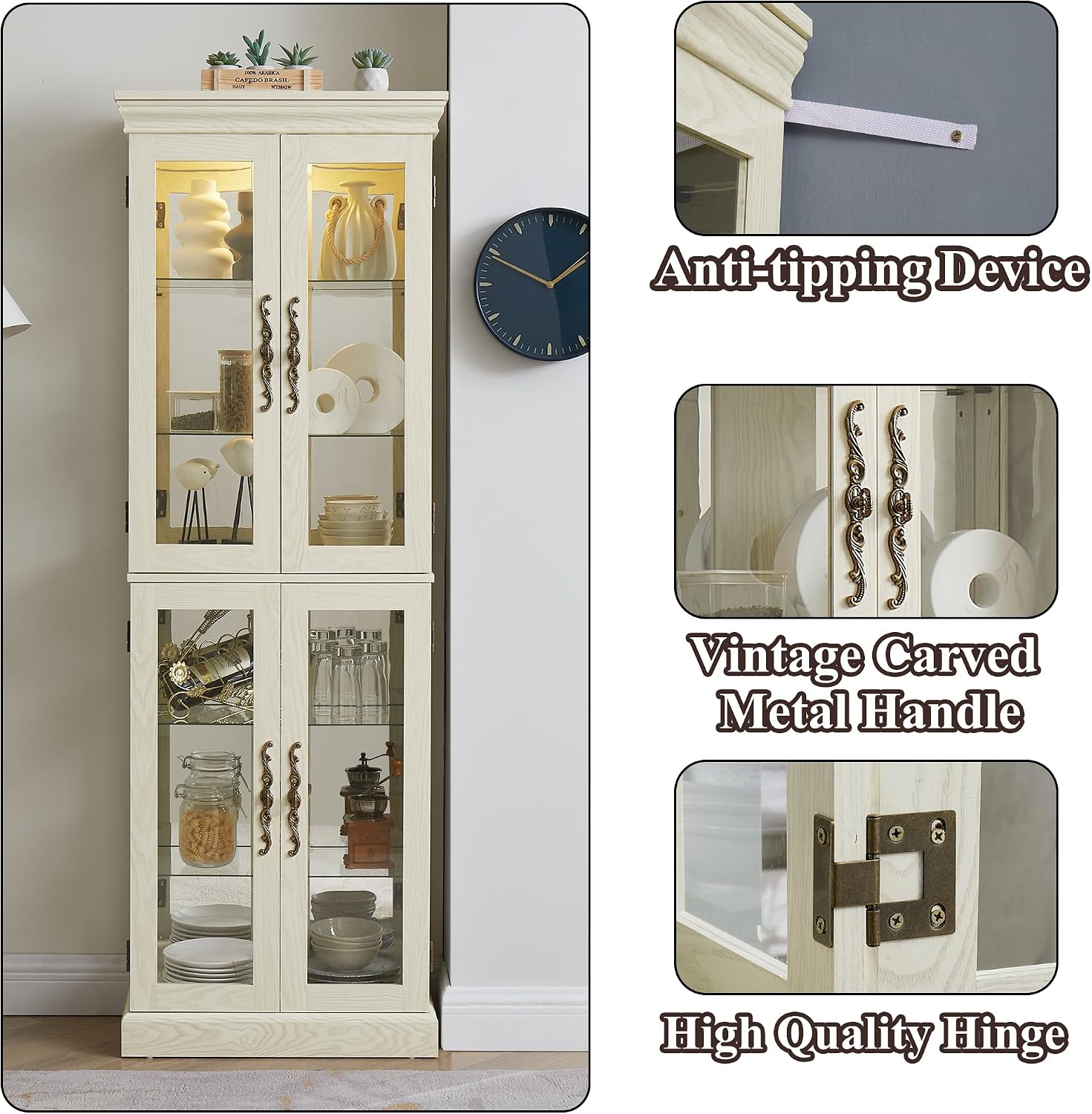 71' H Lighted Curio Cabinet Display Case, Glass Curio Cabinets with Adjustable Shelves and Tempered Glass Door, Wooden Cabinet w/Mirrored Back Pane for Living Room (Antique White)