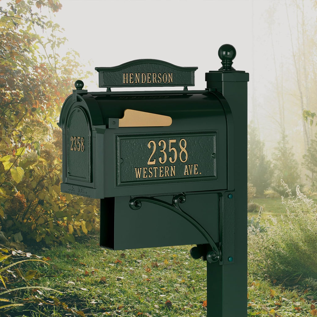 Whitehall Ultimate Mailbox Package, Personalized Large Mailbox with Post and Address Plaque for Outside - Green/Gold