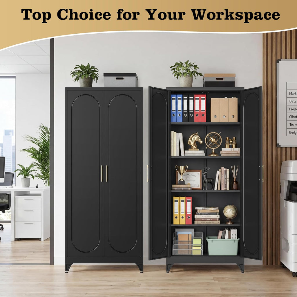 75' Tall Metal Storage Cabinet with 2 Doors and 4 Adjustable Shelves, 32'W x 16'D Heavy Duty Steel Pantry Cabinet for Kitchen, Garage, Home Office and Laundry Room, Cold-Rolled Steel, Black
