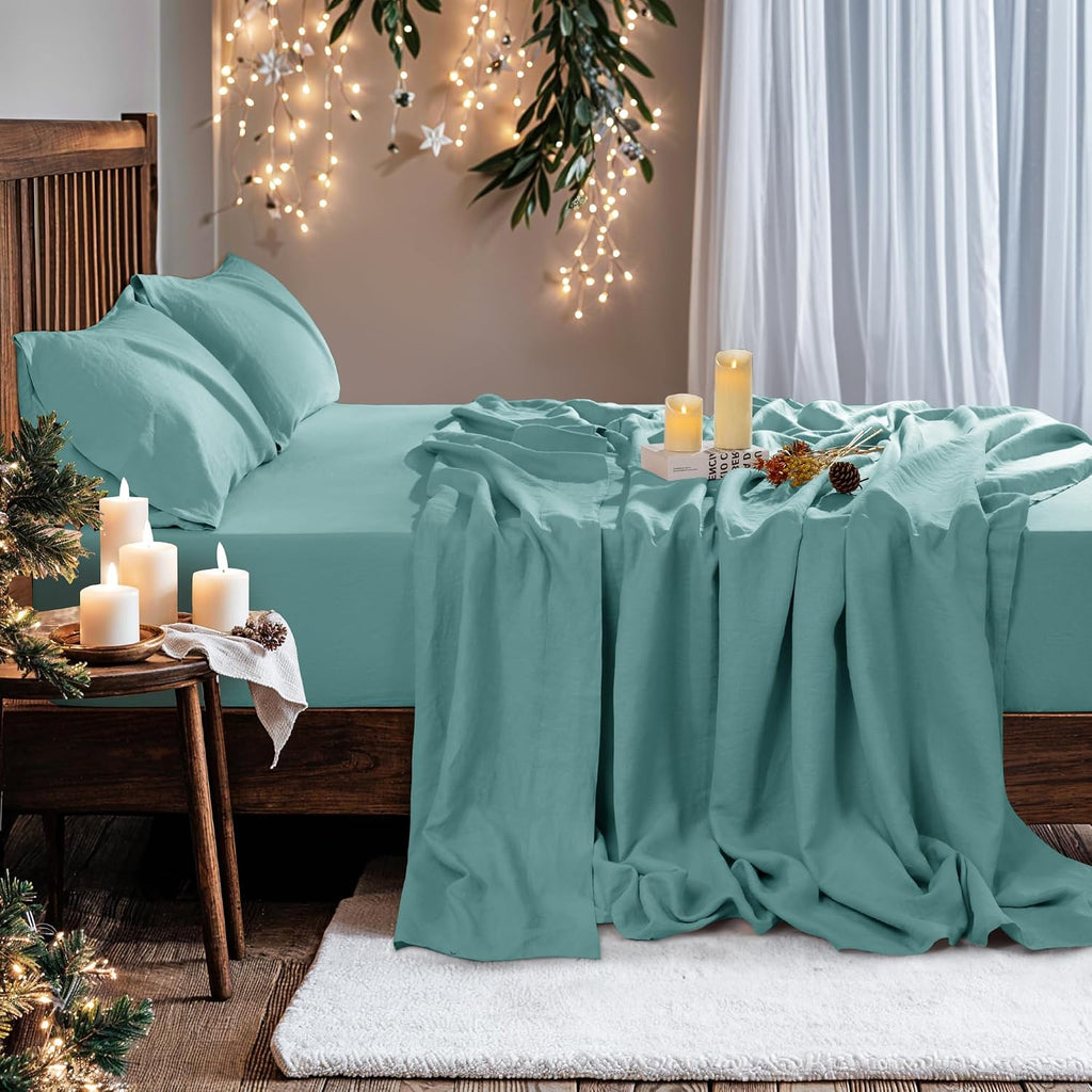 100% Pure Linen Sheet Set for Hot Sleepers, Breathable Natural Linen Sheets 4pcs, Bedding Set Deep Pocket Up to 16' Moisture-Wicking, Softens with Every Wash (Aqua Full)