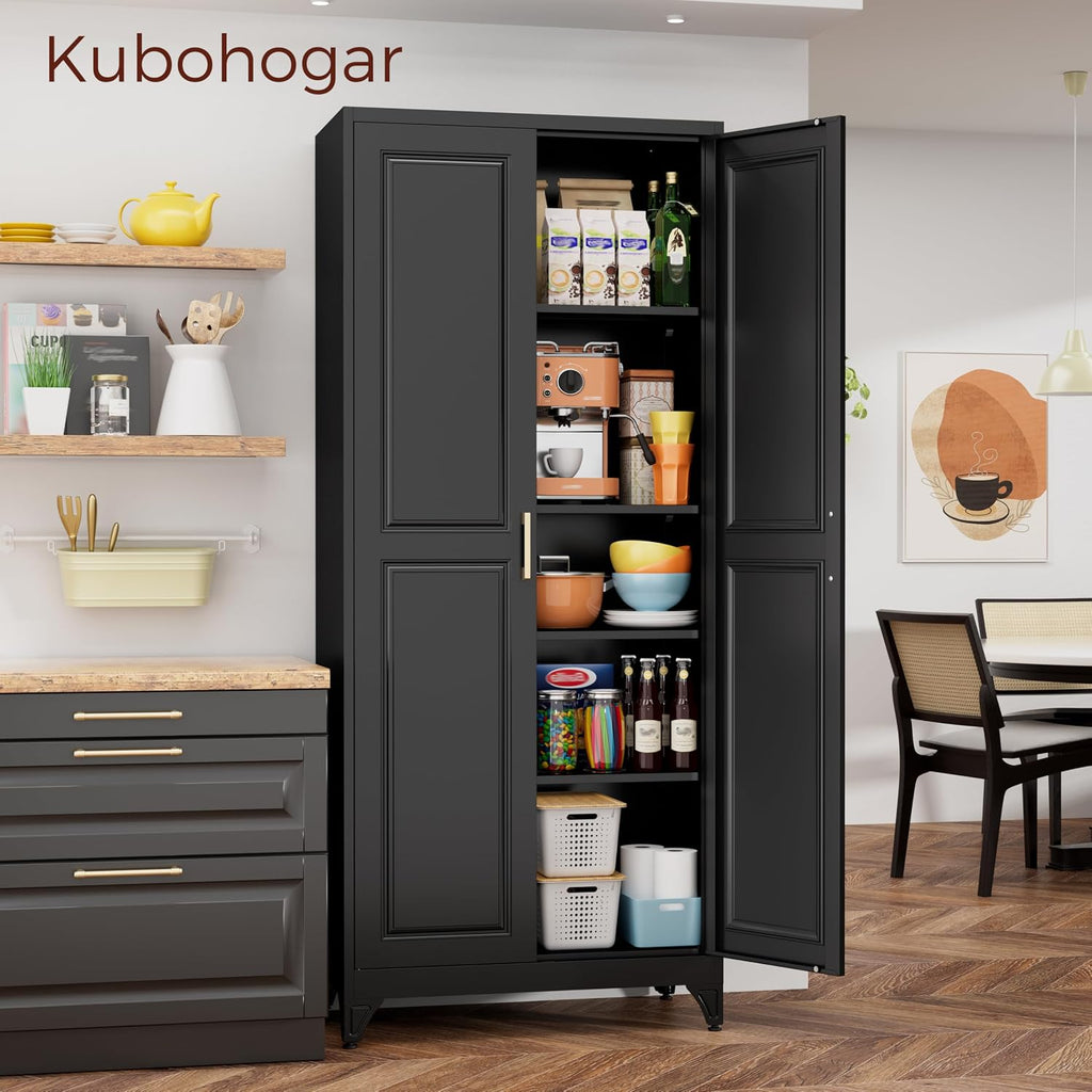 75' Kitchen Pantry Cabinet, Black Metal Storage Cabinets with 2 Doors and 4 Adjustable Shelves, Tall Pantry Storage Cabinet for Kitchen, Dining Room, Living Room