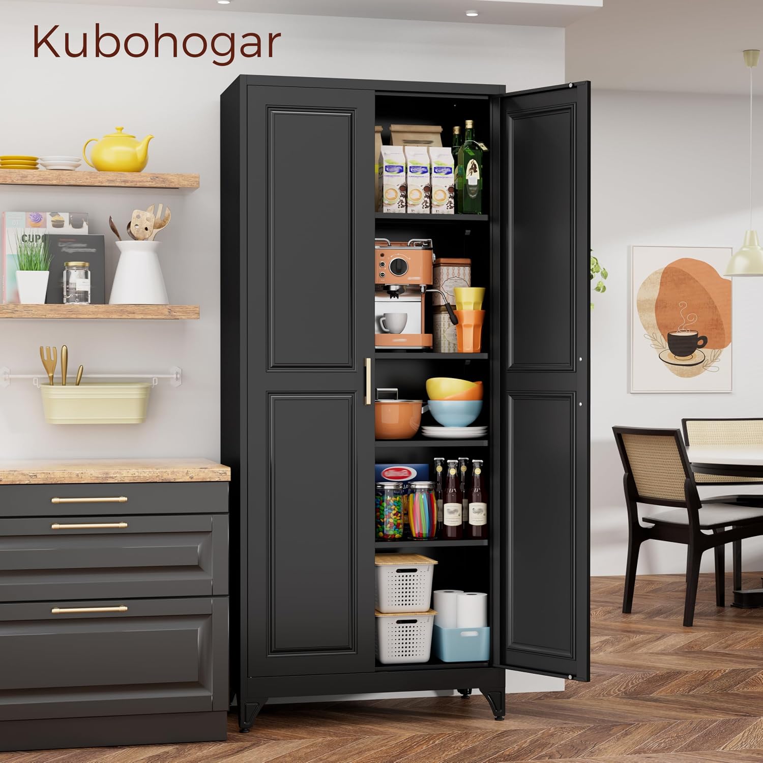 75' Kitchen Pantry Cabinet, Black Metal Storage Cabinets with 2 Doors and 4 Adjustable Shelves, Tall Pantry Storage Cabinet for Kitchen, Dining Room, Living Room