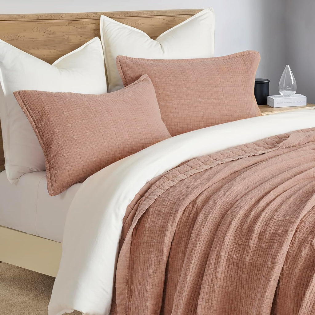 EVERGRACEHOME Stonewashed Cotton Quilt Set King Size, Ultra Soft Oversized Bedspread Coverlet Set, Lightweight Crinkle Box Stitch Bedding Sets for All Season, with 2 Shams, Terracotta Clay