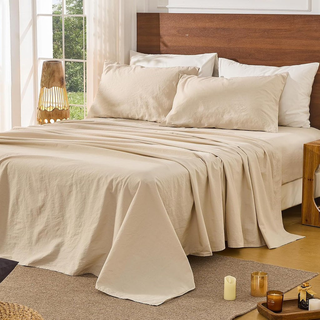Bedlifes 100% French Pure Linen Sheets California King Size Breathable and Cooling Flax Sheet Set Soft Durable and Moisture Wicking 16 Inch Deep Pocket-4 Piece(Cal King,Linen)