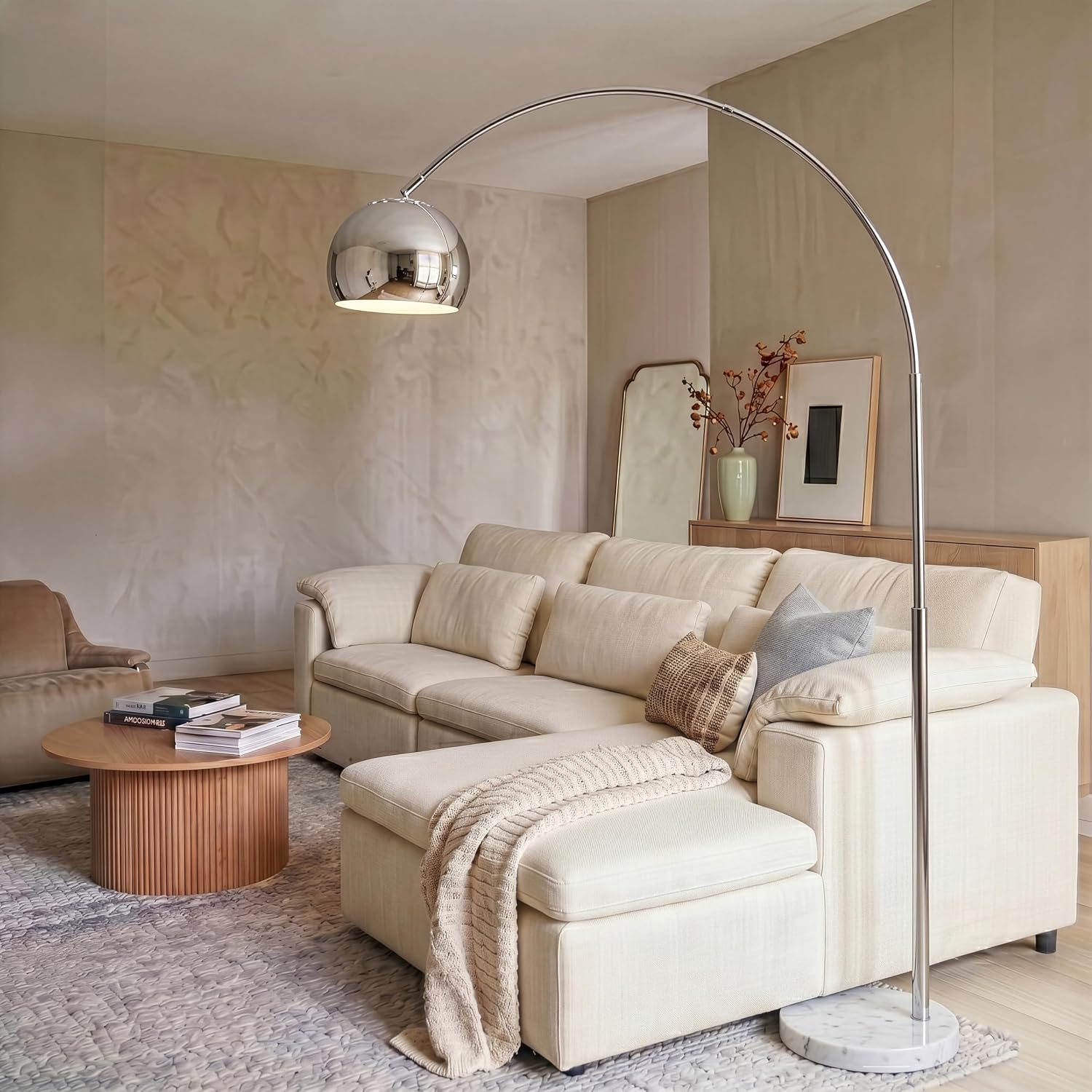 Brightech Olivia Floor Lamp - Chic Arc Lamp with Rounded Spolight Head and Marble Base for Living Room, Tall Standing Lamp with LED Light Bulb for Bedroom Reading, Boho Home Decor for Office - Chrome