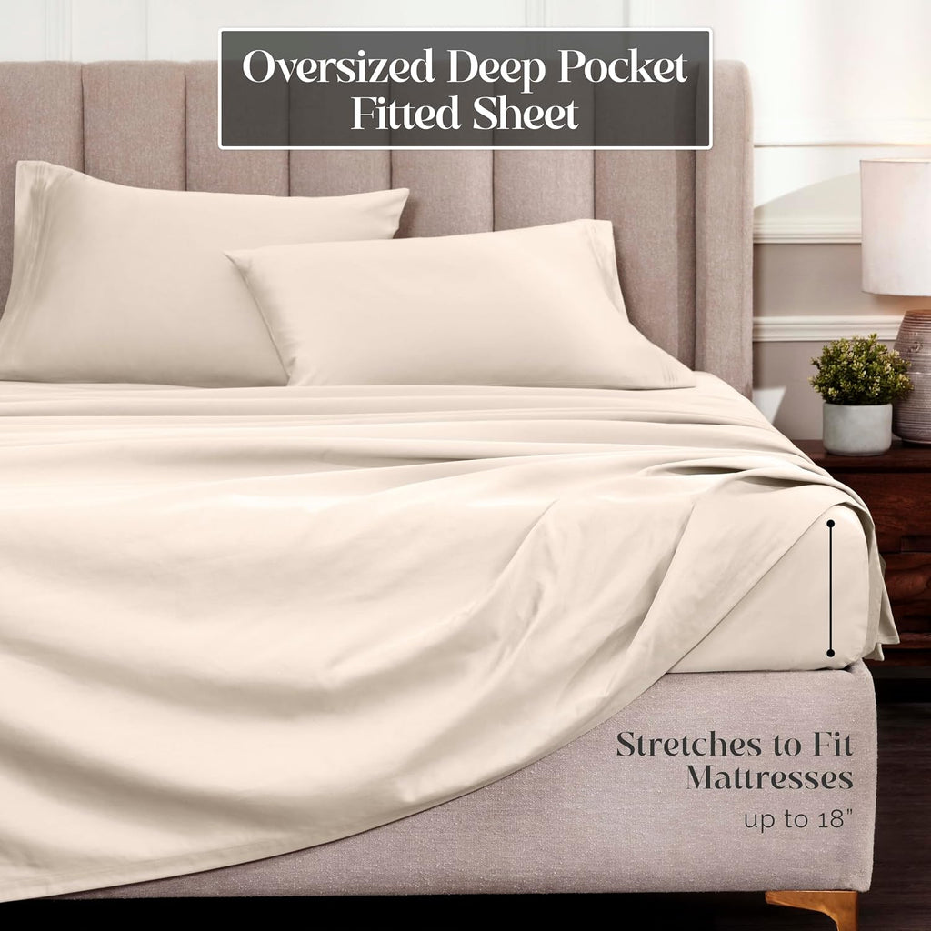Superior Egyptian Cotton 4 Piece Sheet Set, Luxury 1500 Thread Count, Modern Design, Sustainable Sheets, Ultra-Soft Basics, Solid, Deep Pocket Fitted Sheet, Flat Sheet, Pillowcases, Queen, Ivory