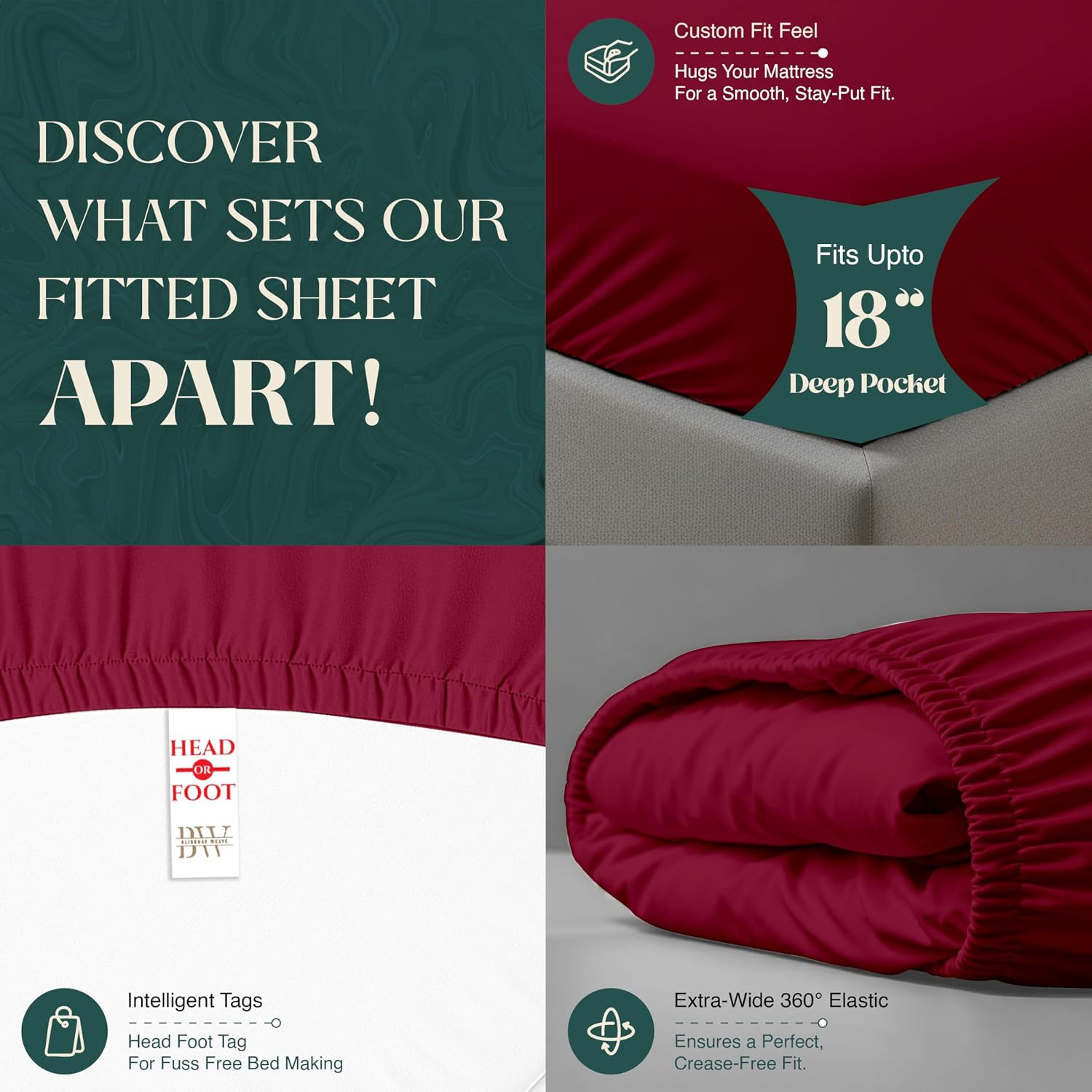 100% Egyptian Cotton Sheet Set Queen Size 4 PCs Sateen Weave Cooling Soft Wrinkle Resistant 18 inches Deep Pocket | 1 Fitted Sheet, 1 Flat Sheet, 2 Pillowcases | Burgundy