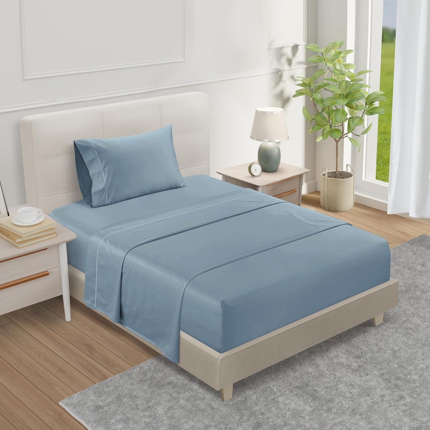 1000 Thread Count Blue Sheets For Twin Bed, 3-Piece Sateen Weave Luxury Twin Bed Sheet Set Cotton, Deep Pocket Sheet & Pillowcase Sets( Fits Upto 15'), Staple Soft Breathable Bed Sheets - French Blue