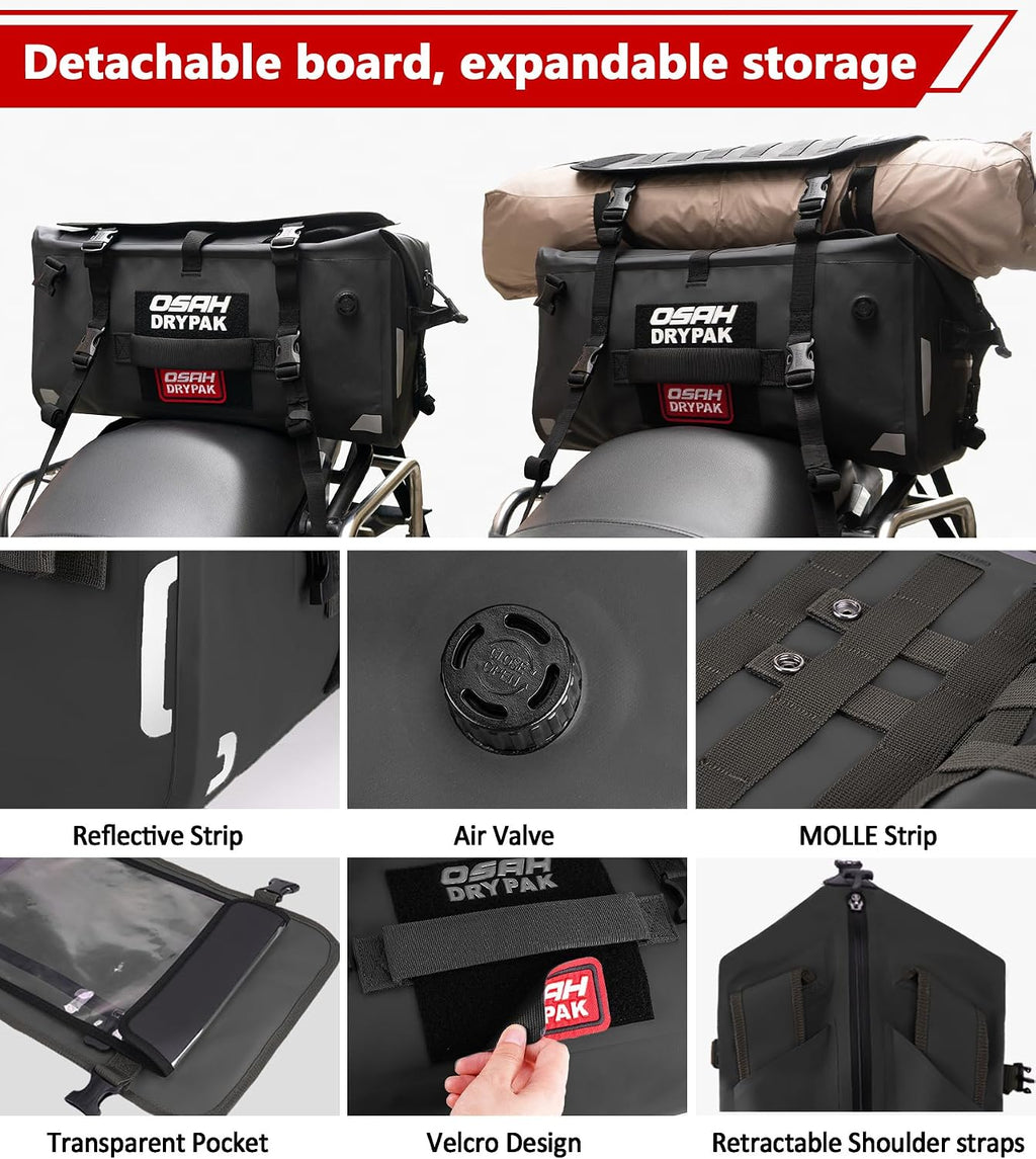 OSAH DRYPAK Waterproof Motorcycle Tail Bag, 40L Waterproof Duffel Bag, Motorcycle Dry Bag, Multifunctional Luggage Bag with Shoulder Straps for Travel, Camping, Fishing