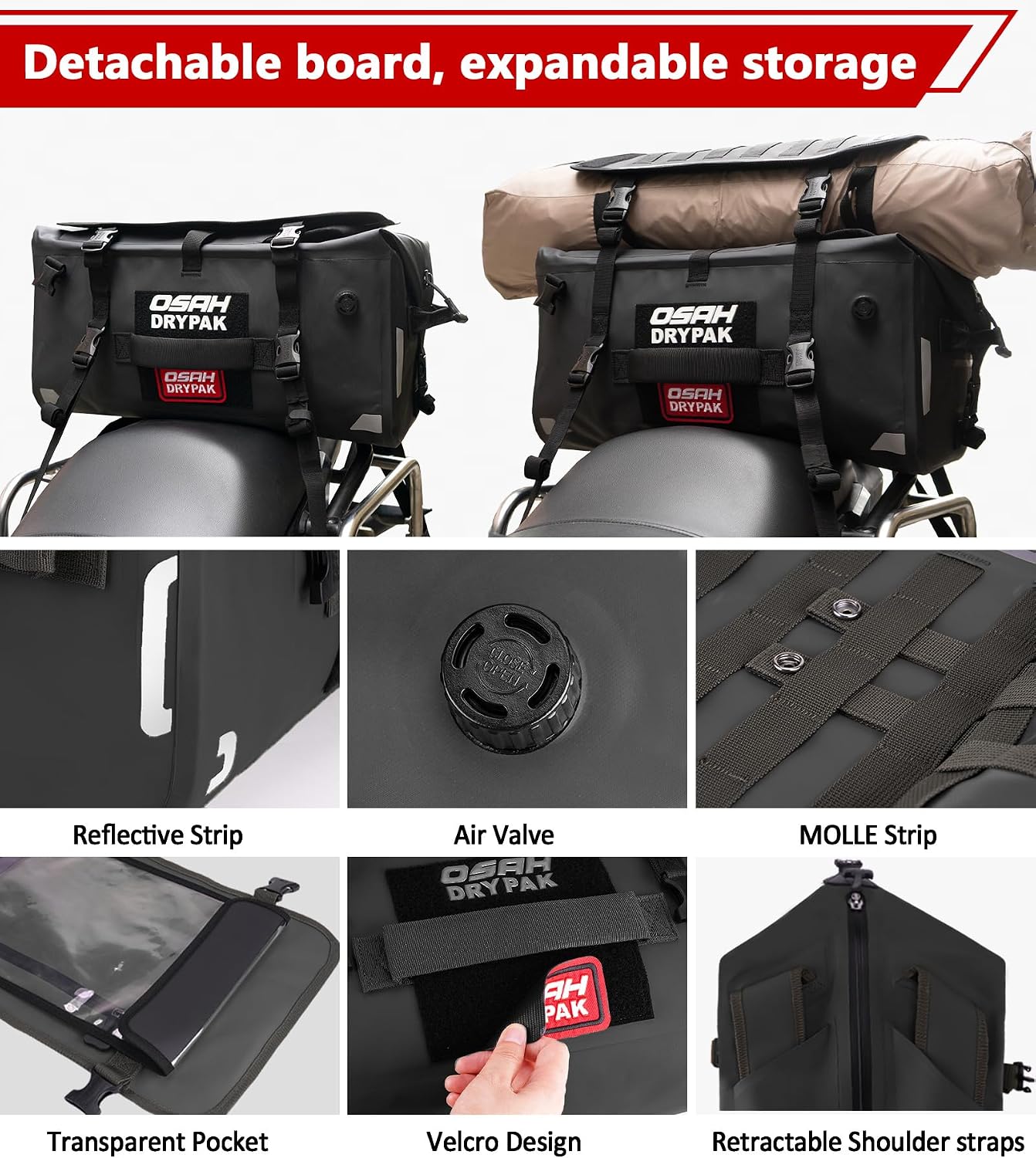 OSAH DRYPAK Waterproof Motorcycle Tail Bag, 40L Waterproof Duffel Bag, Motorcycle Dry Bag, Multifunctional Luggage Bag with Shoulder Straps for Travel, Camping, Fishing