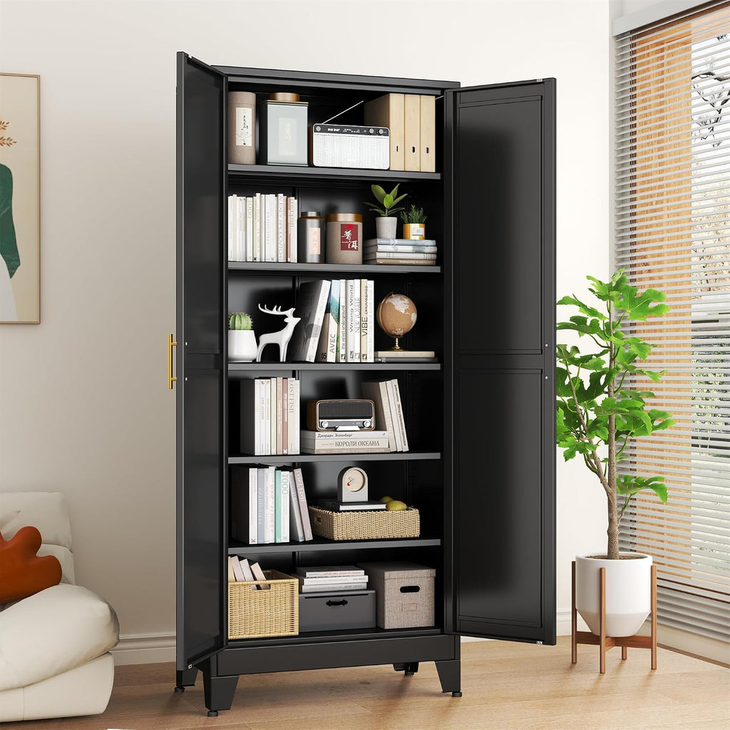 erosoei 75.2'H Metal Kitchen Pantry Storage Cabinet, Storage Cabinets with Adjustable Feet and Shelves,Food Pantries Cupboard for Kitchen, Living Room, Laundry Room and Dinning Room（Black）