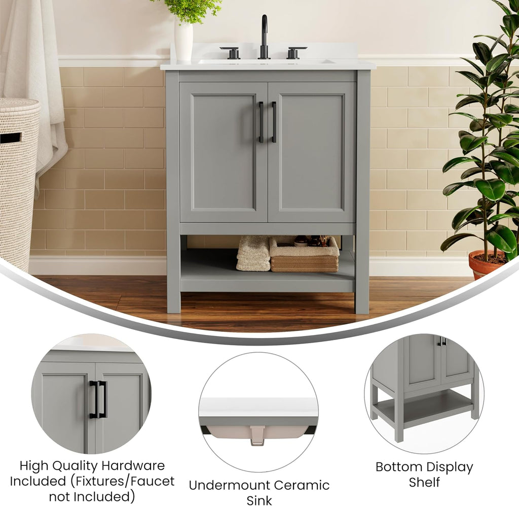 Flash Furniture Vega 30 Inch Bathroom Vanity with Sink Combo, Storage Cabinet with Soft Close Doors and Open Shelf, Carrara Marble Finish Countertop, Gray/White