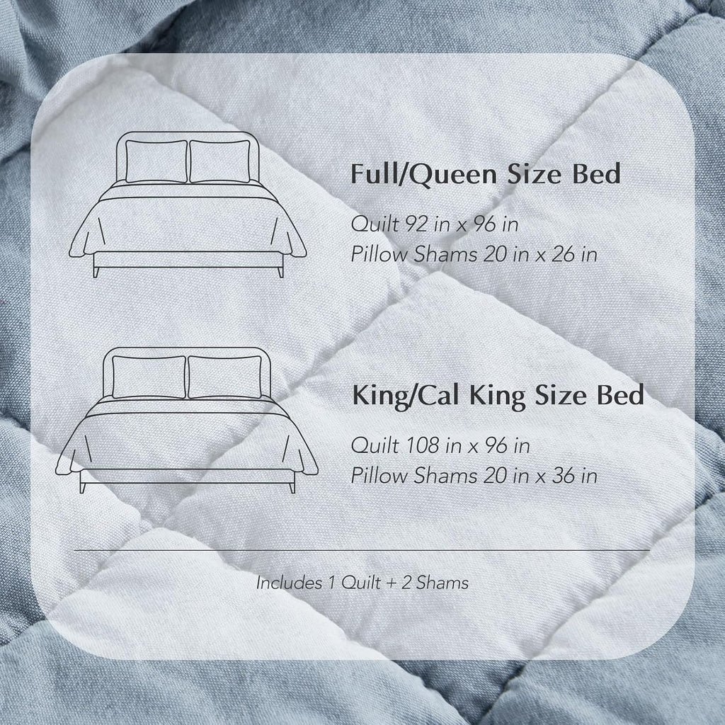 EVERGRACEHOME Stonewashed Cotton Quilt Set Queen Size, Ultra Soft Oversized Bedspread Coverlet Set, Lightweight Crinkle Box Stitch Bedding Sets for All Season, with 2 Matching Shams, Blue Linen