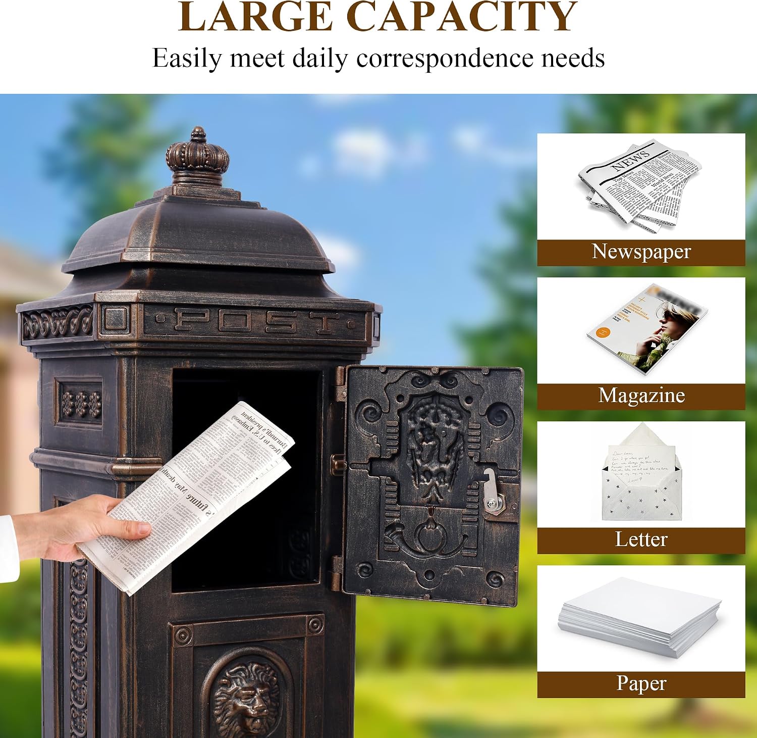 Vintage Large-Capacity Cast Aluminum Mailbox, Outdoor Weatherproof Floor Standing Postbox, Decorative Copper Finish Letter Box with Lock, Roman Column Design for Home Use (Bronze)