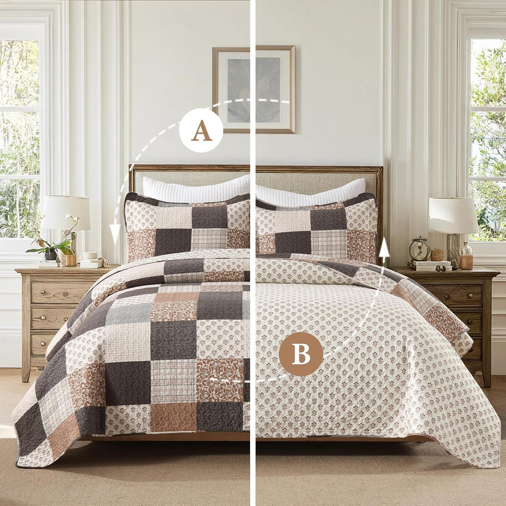 Finlonte 100% Cotton Queen Quilt Set, Farmhouse Plaid Queen Quilted Bedspread, Brown Grey Beige Lightweight Comforter Bedding Set for All Season, 3-Piece