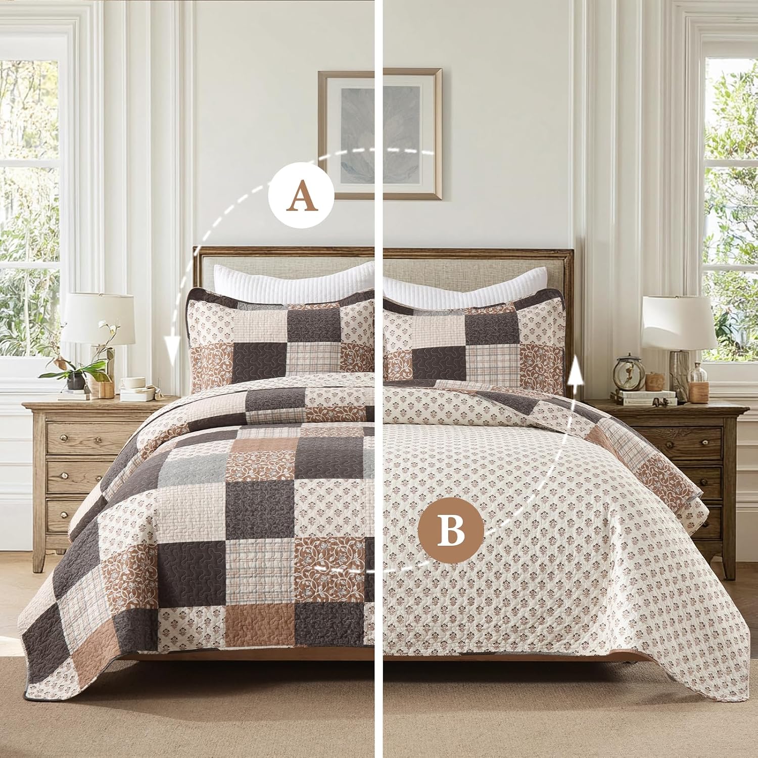 Finlonte 100% Cotton Queen Quilt Set, Farmhouse Plaid Queen Quilted Bedspread, Brown Grey Beige Lightweight Comforter Bedding Set for All Season, 3-Piece