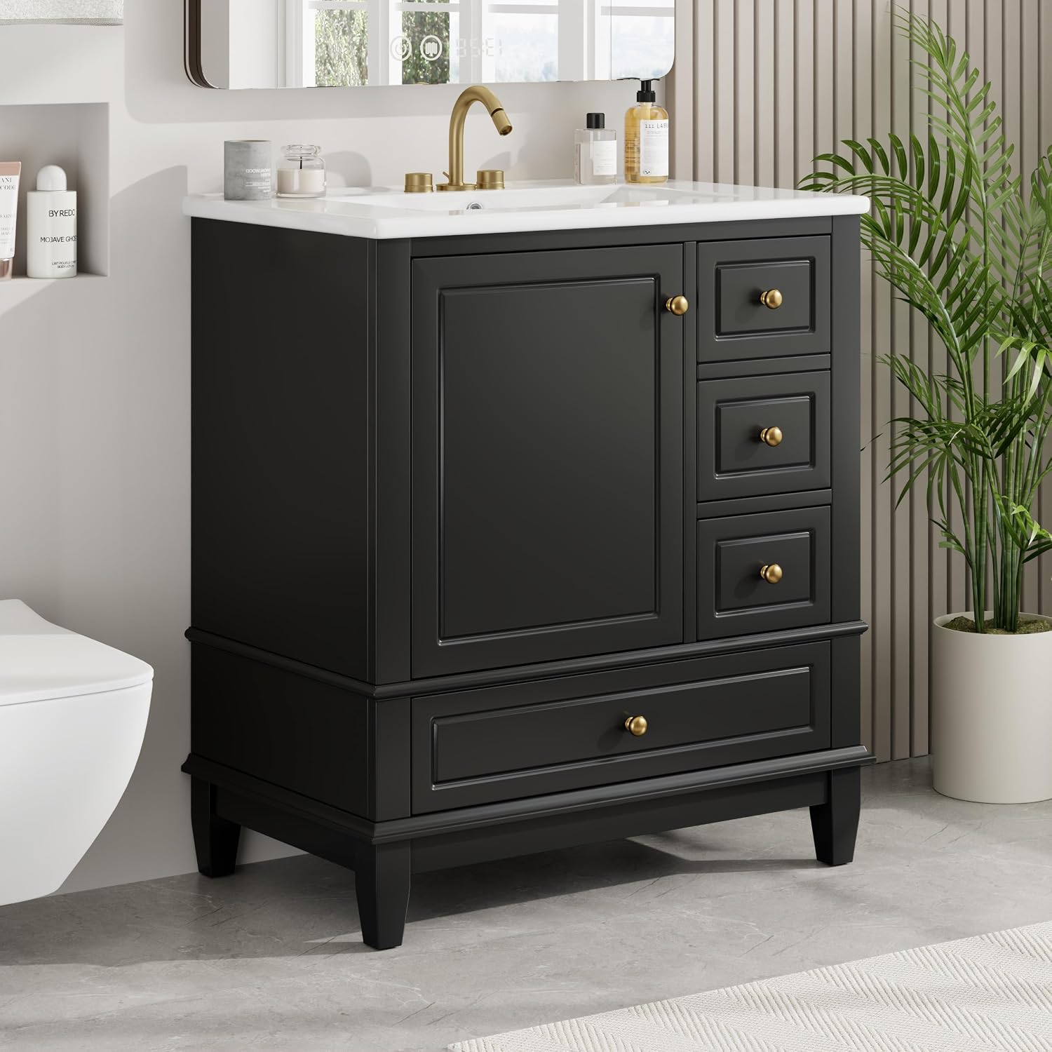 Harper & Bright Designs 30' Bathroom Vanity with Sink, Free Standing Single Basin Vanity Set with One Door and Three Drawers, Solid Wood Storage Cabinet with Ceramic Basin for Bathroom, Black