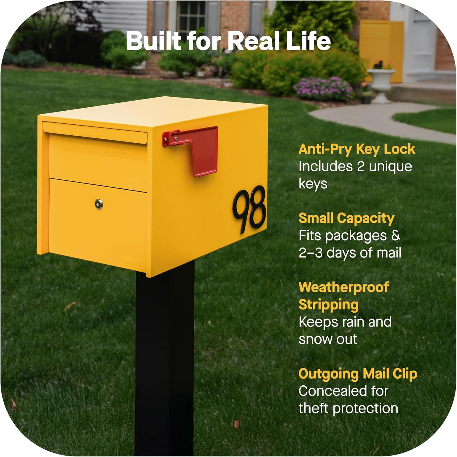 Adoorn Lockable Post Mount Mailboxes for Outside - Small Anti-Theft Locking Mailbox for Packages and Letters - Weatherproof Construction - Durable Steel - 12' H x 12' W x 18.5' D - Yellow