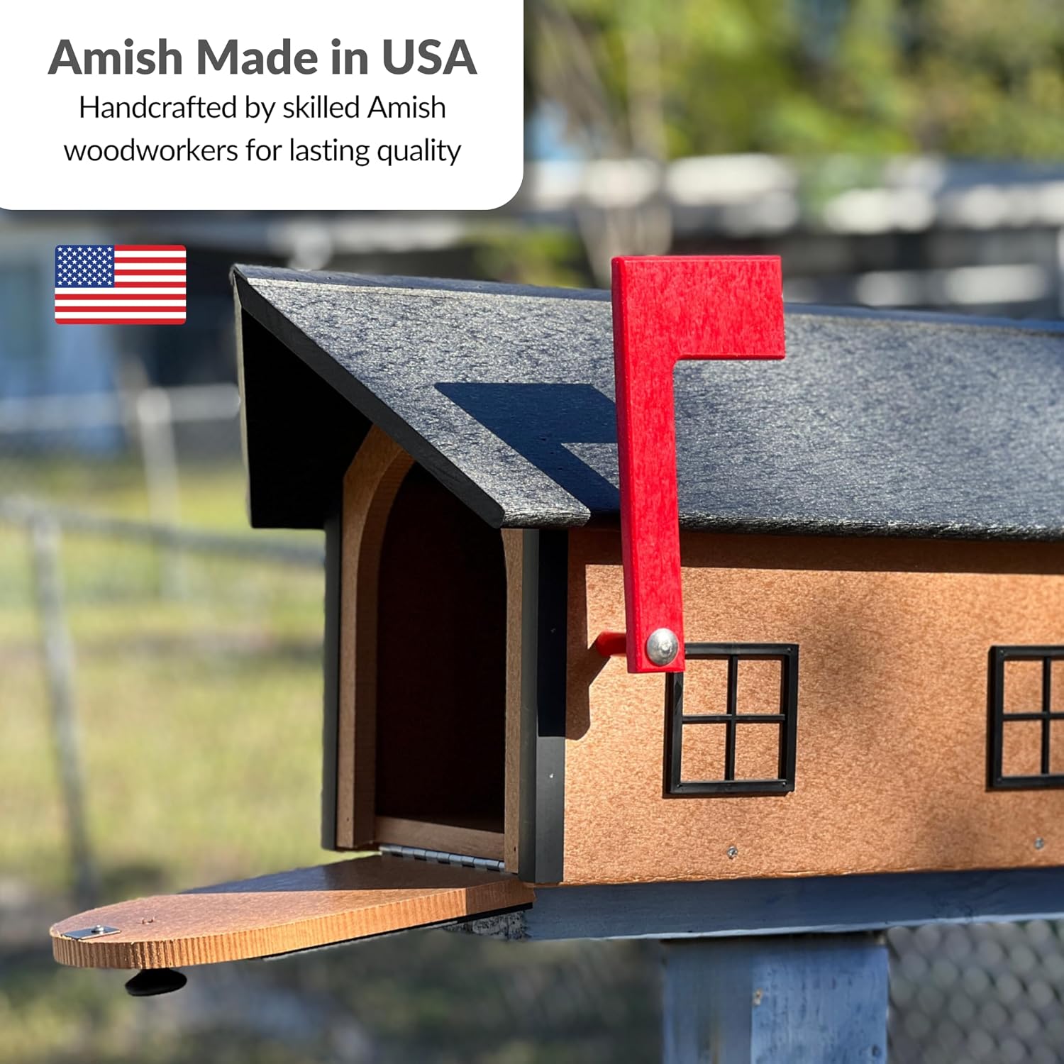 DutchCrafters Large Farmhouse Mailbox, Durable Plastic Barn Mailboxes for Outside, Post Mount Mail Box with Flag, Barnhouse Style - Amish Made in America (Black and White)