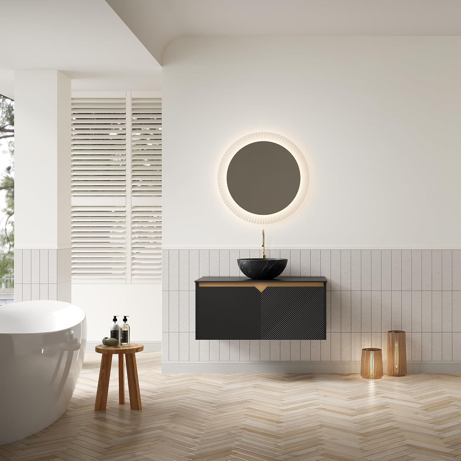 36 Inch Bathroom Vanity with Sink, Floating Fluted Vanity with Vessel Sink, Modern Bathroom Vanity Cabinet with 2 Doors, Bowl Vessel Sink & Sintered Stone Top, Black
