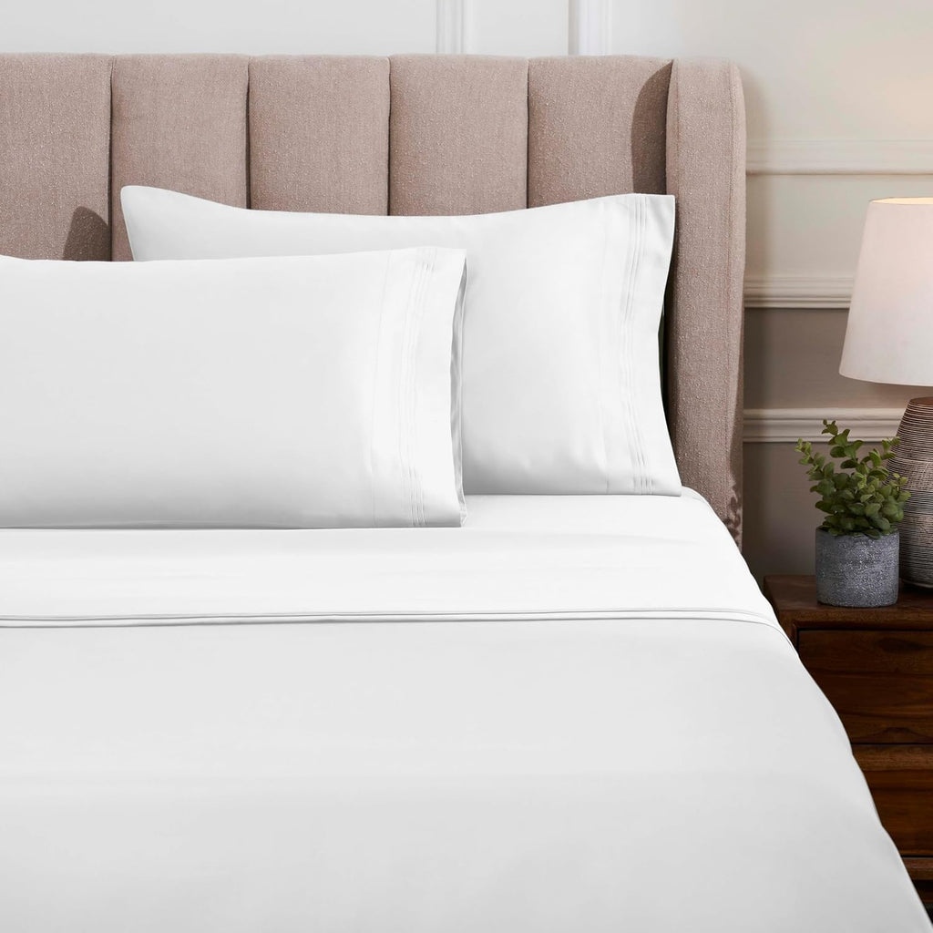 Superior Egyptian Cotton 4 Piece Sheet Set, Luxury 1500 Thread Count, Modern Design, Sustainable Sheets, Ultra-Soft Basics, Solid, Deep Pocket Fitted Sheet, Flat Sheet, Pillowcases, Queen, White