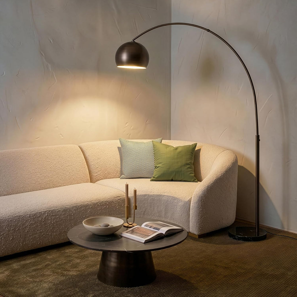 Brightech Olivia LED Floor Lamp - Tall Arc Lamp with Metal Dome Head and Marble Base for Living Room, Standing Reading Lamp with LED Bulb for Bedroom, Office - Oil Brushed Bronze
