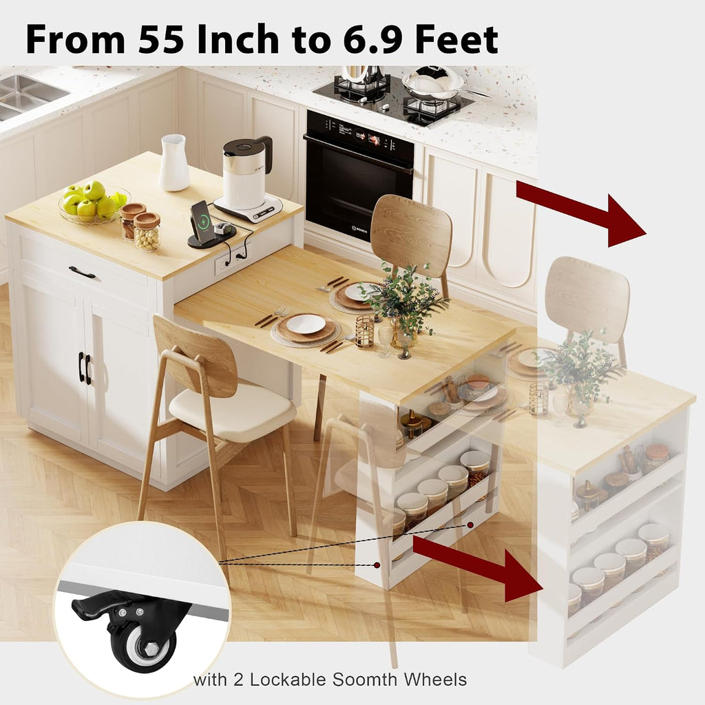 RUNNA Kitchen Island with Extendable Dining Table for 4-6 Person,Two-Tone KitchenTable, Power Outlet, Kitchen Island with Storage 2 Drawers 2 Side Open Shelves (White Oak~010)