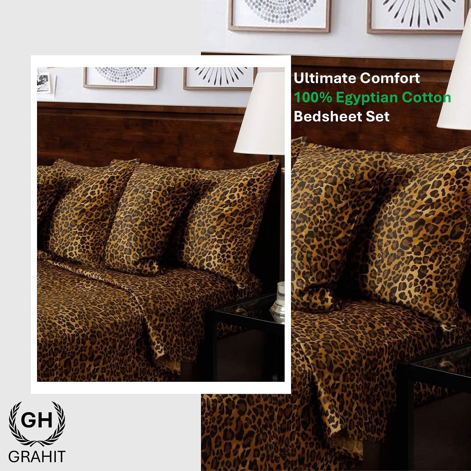 100% Egyptian Long Staple Cotton Bedsheet Set, 800 Thread Count, 6-PC Sheets Set, Leopard Print Color, Queen Size, 15 Inch Deep Pocket of Fitted Sheet, Soft Sateen Weave Breathable