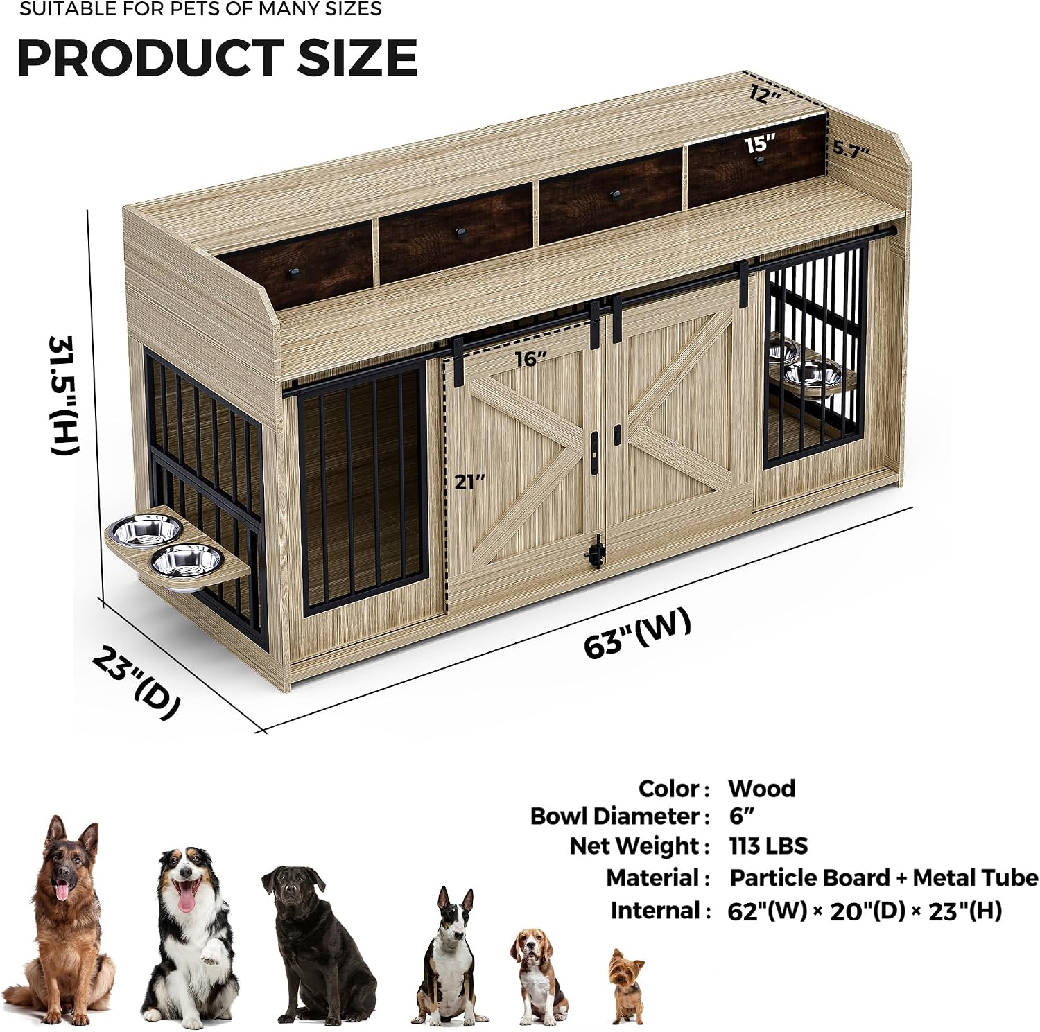 63' Double Dog Crate Furniture – Wooden Dog Kennel Indoor with Sliding Doors, Adjustable Bowls & Storage Drawers – Large Dog Crate TV Stand for 2 Dogs, Beige Wood Grain