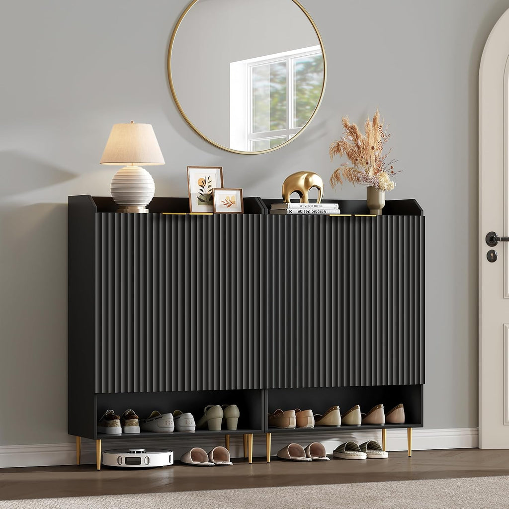 SICOTAS Shoe Cabinet with Fluted Doors - 28-Pair Large Shoe Storage Cabinet, 50.7' Tall 7-Tier Entryway Shoe Cabinet Storage with Adjustable Shelves for Entryway Hallway Living Room Front Door, Black
