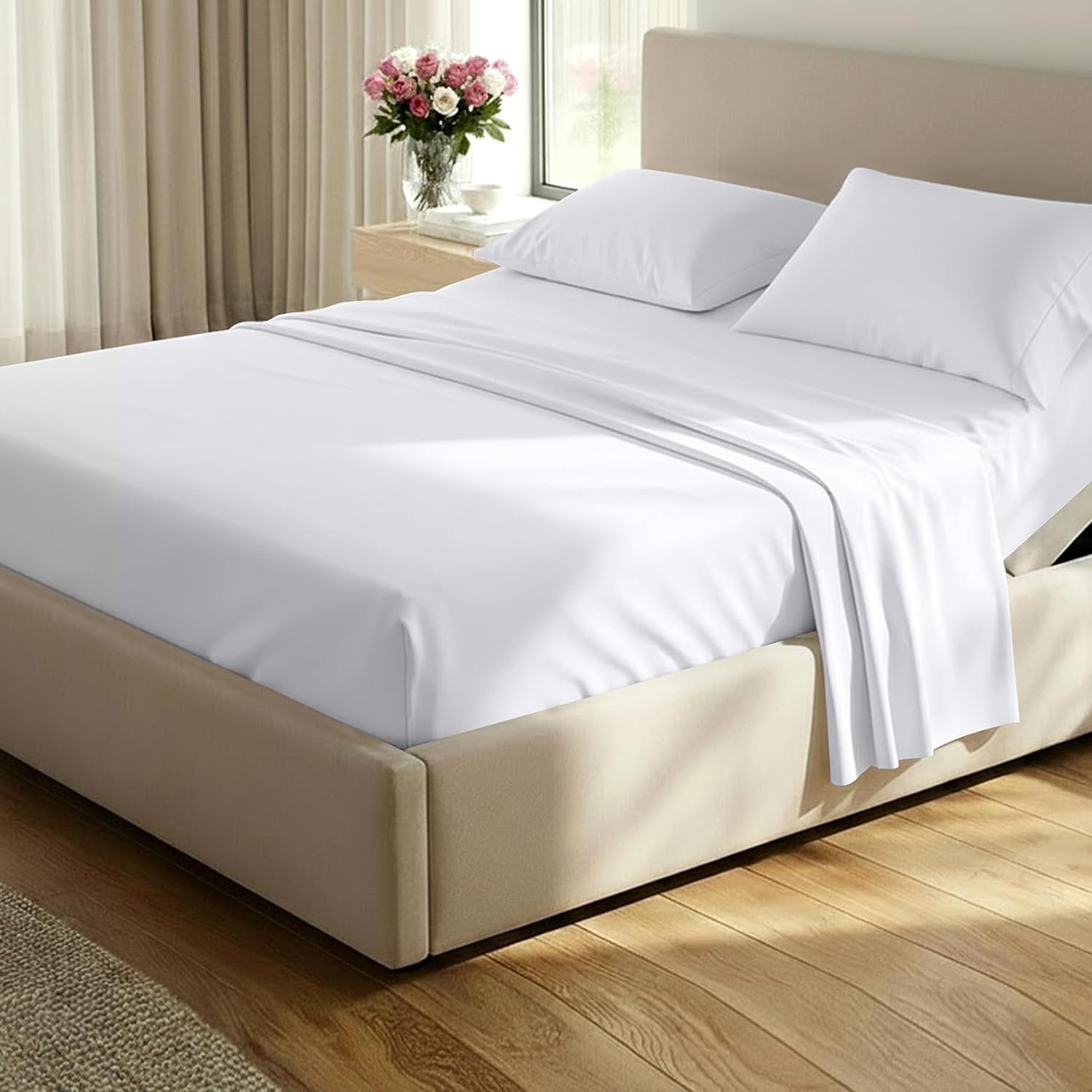 California Design Den Split King Sheets Sets for Adjustable Bed - 1000 Thread Count Sateen, Thick and Natural 100% Cotton Bed Sheets, Deep Pockets, Durable Bedding Set - White