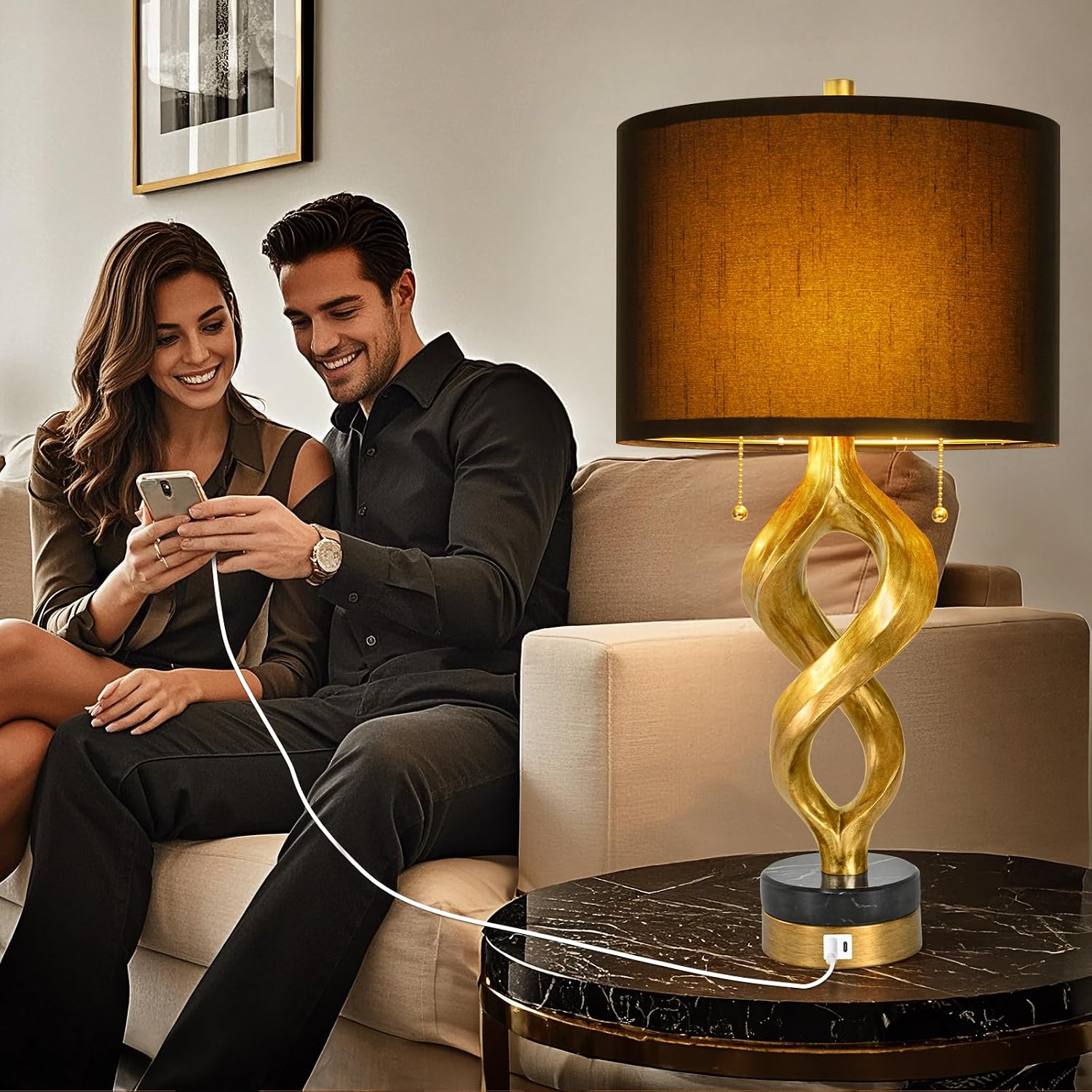 Sculptural Table Lamp Set of 2 for Bedroom, 26' Gold Leaf Farmhouse Bedside Lamps for Living Room, Pull Chains Switch Rustic Nightstand Lamp Marble Base with USB for Home Room Decor (Bulbs Included)