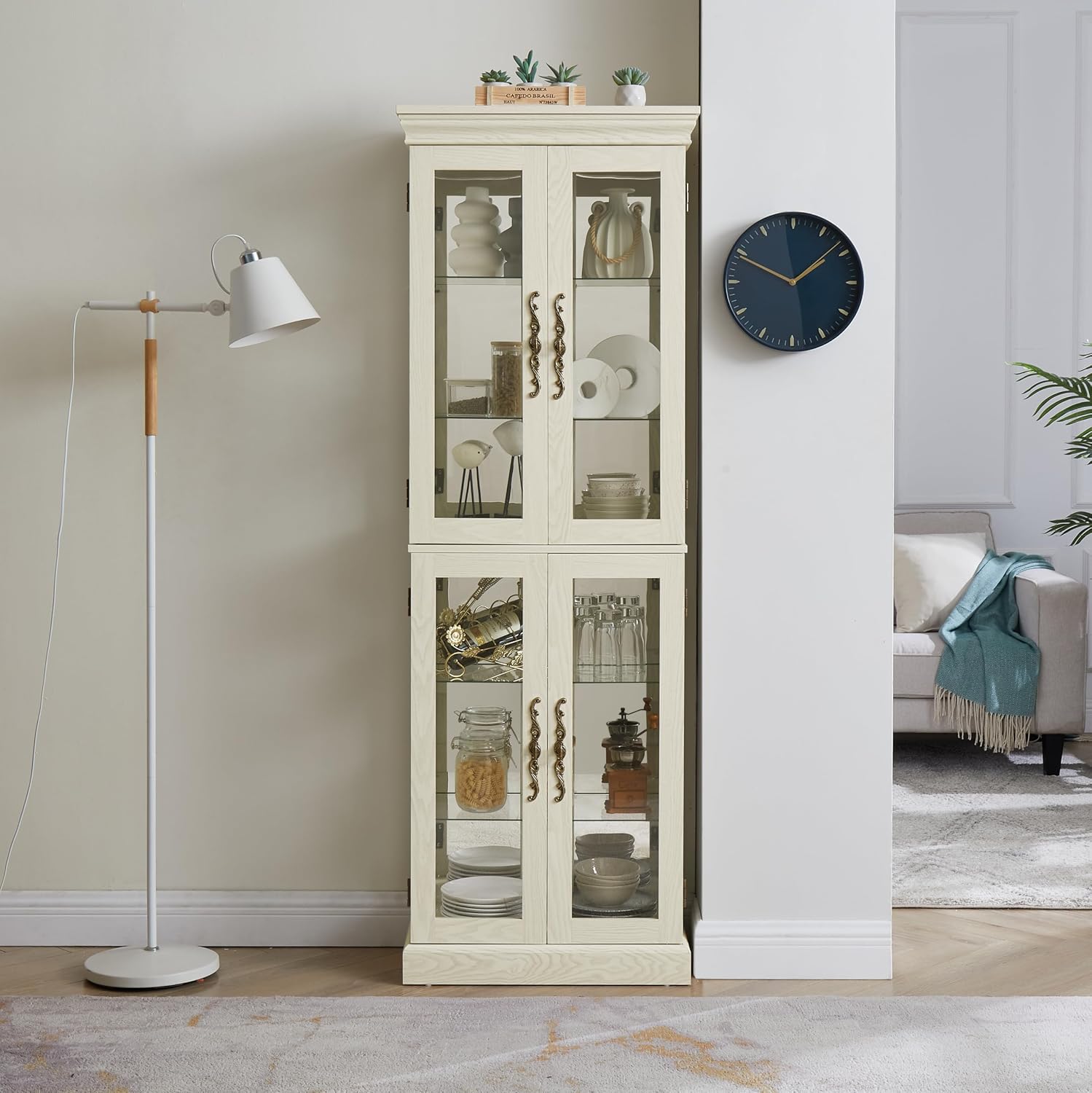 71' H Lighted Curio Cabinet Display Case, Glass Curio Cabinets with Adjustable Shelves and Tempered Glass Door, Wooden Cabinet w/Mirrored Back Pane for Living Room (Antique White)
