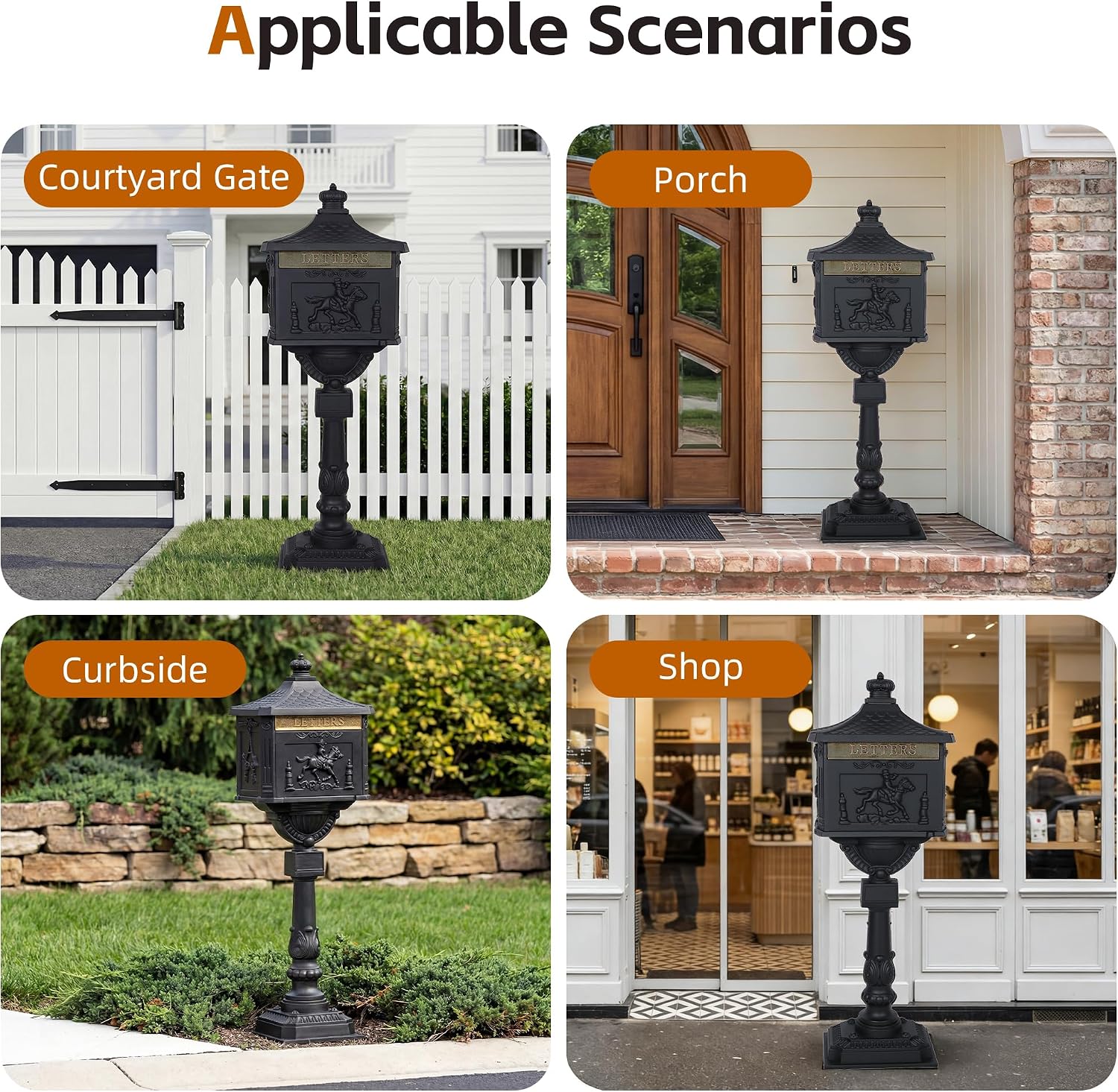 Cast Aluminum Locking Mailbox, Heavy Duty Security Postal Box, Retro Mid-Century Outdoor Mailbox with Key Lock, Weatherproof Anti-Theft Design, Easy Installation, Black