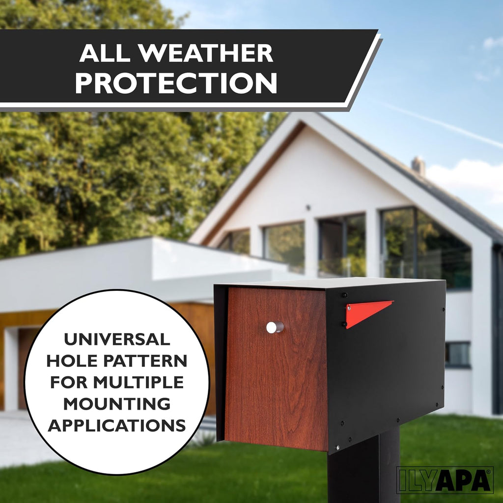 Ilyapa Post Mount Modern Mailbox - Black Exterior Powder Coated & Hydro Print Cherry Wood Grain Printed Door, Letterbox with Recessed Magnetic Close Door