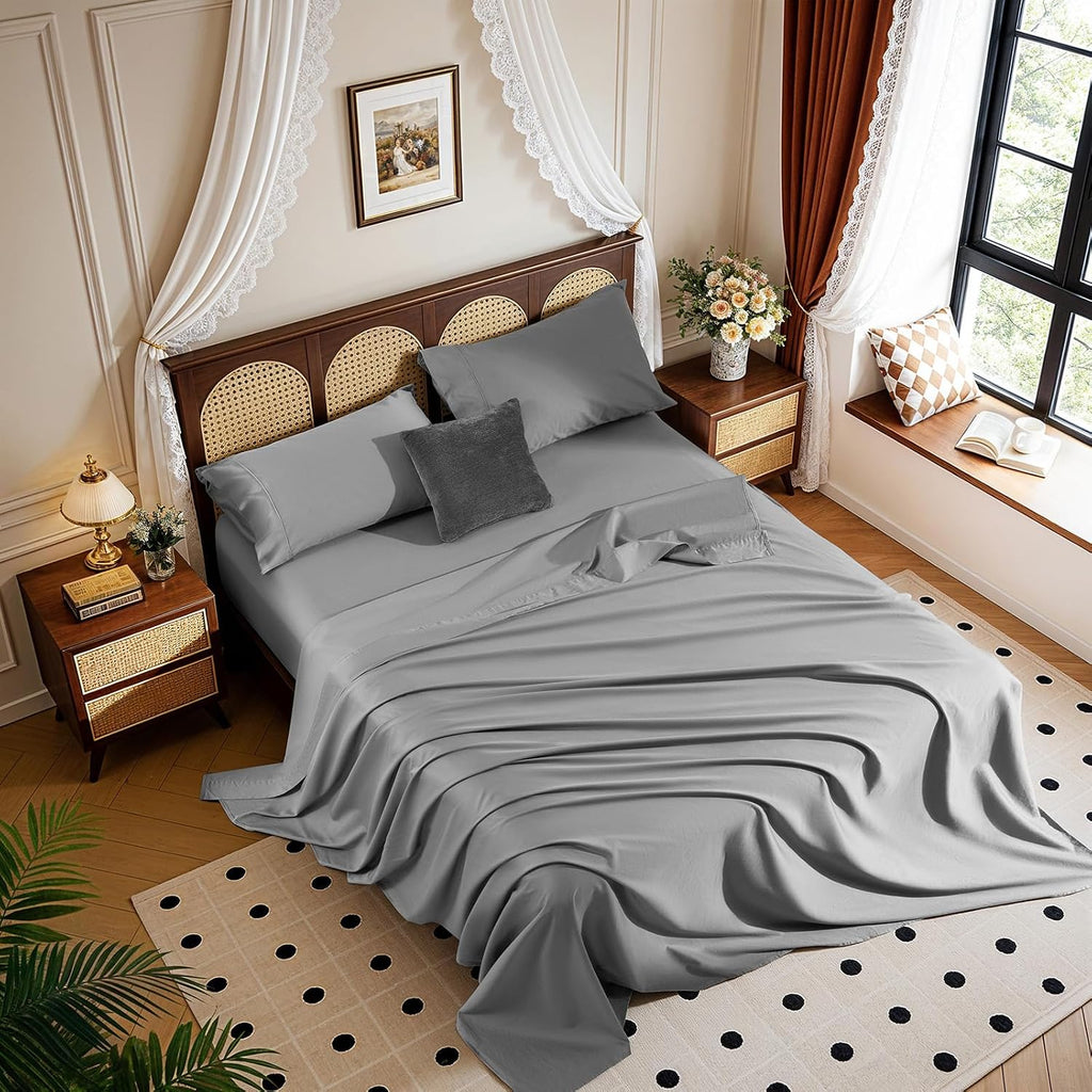 1200 Thread 100% Egyptian Cotton Sheet Sets Queen Size 4 Pcs Bedding Set, Fitted Sheet Deep Pocket Up to 16' Soft Bed Sheet for All Season (Queen, Gray)