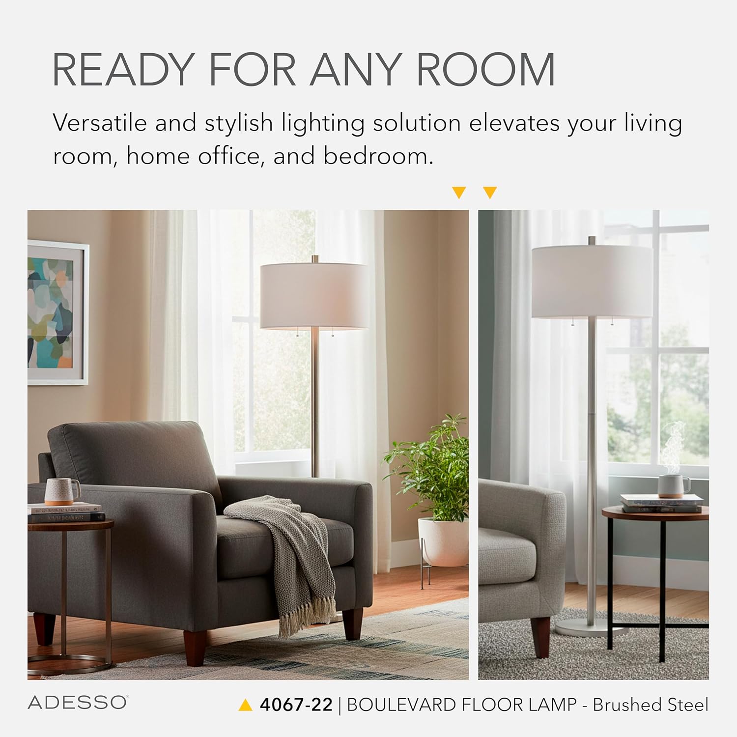 Adesso Floor Lamp with Dual Pull Chains, Brushed Stee; Finish, White Fabric Lampshade – Bedroom, Home Office Lighting, or Living Room Decor, 61' x 18.5'