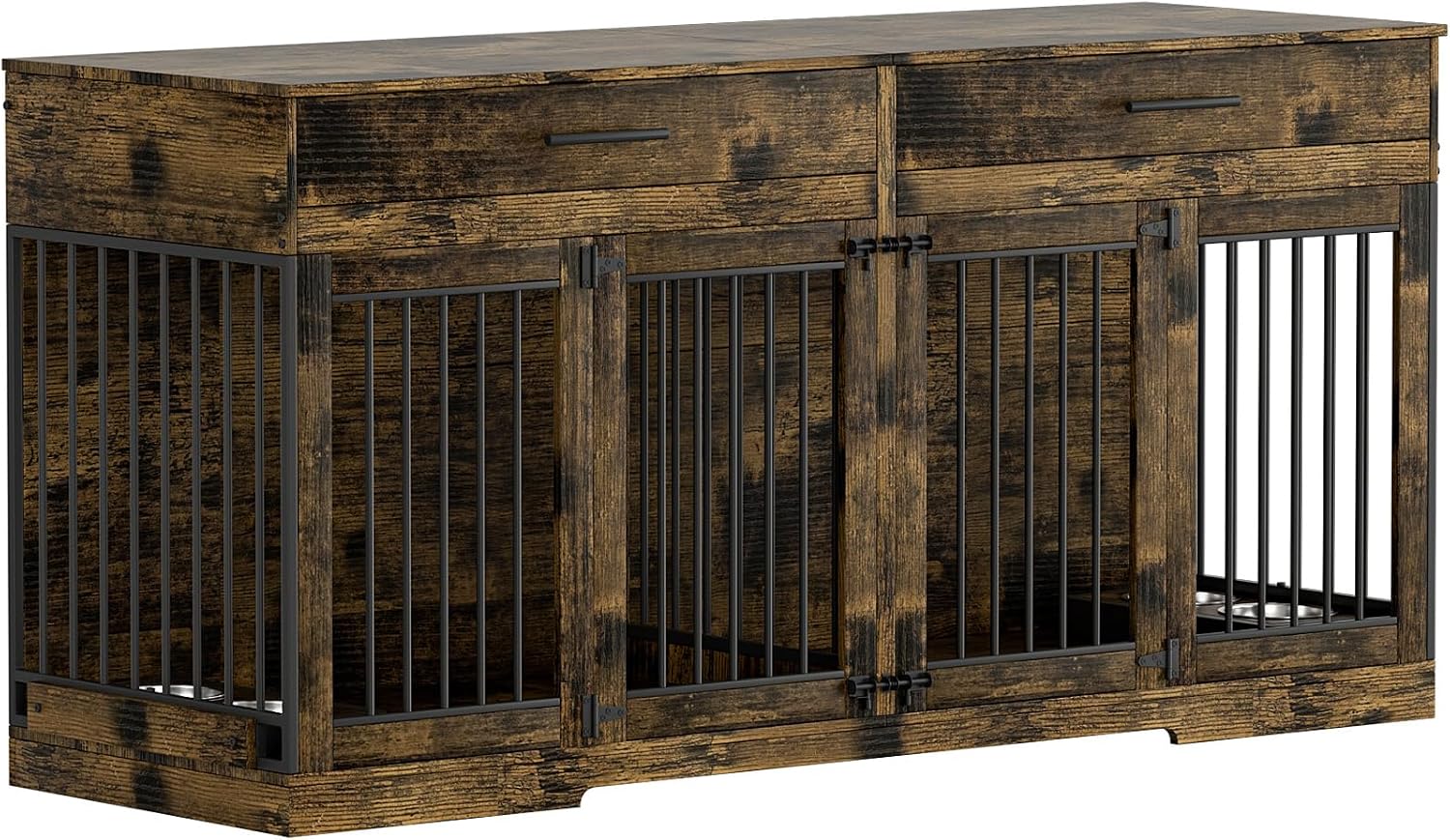 Rophefx 72' Dog Crate Furniture for 2 Dogs, Large Dog Kennel Furniture with 2 Storage Drawer and 4 Bowls, Wooden Dog Cage with Removable Divider, Indoor Dog House TV Stand for Medium Dog, Rustic Brown