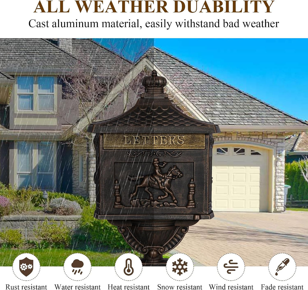 Mailbox, Heavy Duty Cast Aluminum Postal Box, Mail Box with 2 Keys for Courtyard Villa Decoration - Bronze