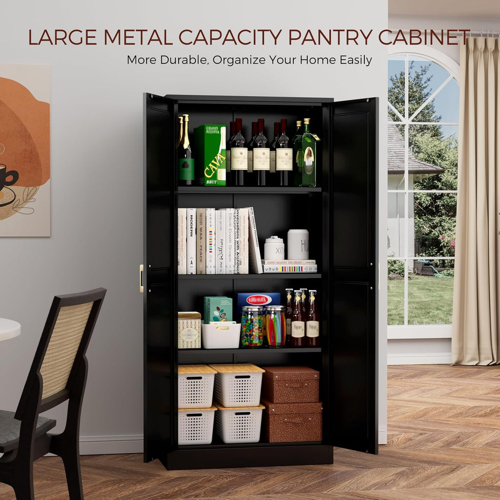 60' Tall Metal Pantry Cabinet, Black Kitchen Pantry Storage Cabinet with Doors and 3 Adjustable Shelves, Cupboard for Kitchen, Dining Room, Living Room, Bathroom