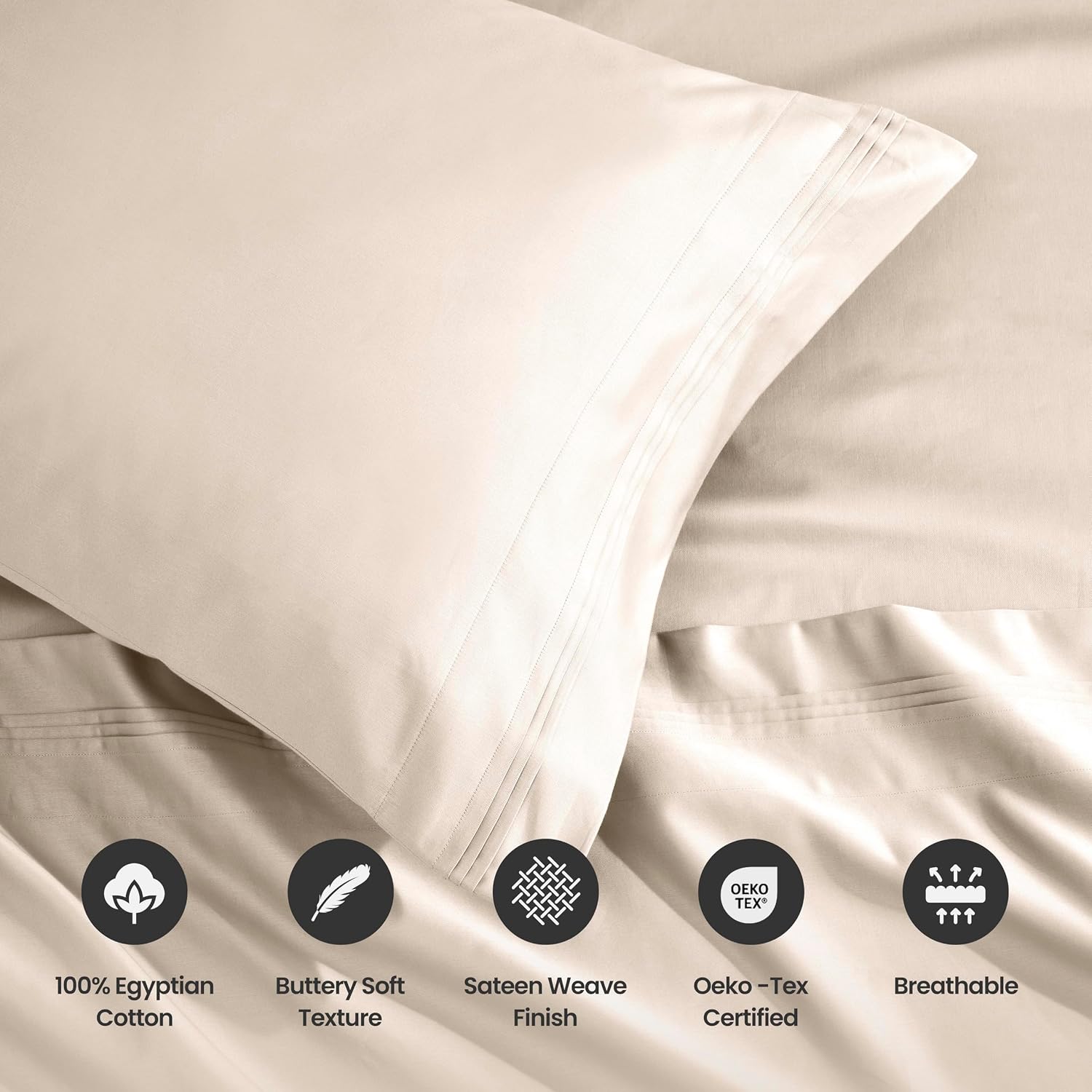 Superior Egyptian Cotton 4 Piece Sheet Set, Luxury 1500 Thread Count, Modern Design, Sustainable Sheets, Ultra-Soft Basics, Solid, Deep Pocket Fitted Sheet, Flat Sheet, Pillowcases, Queen, Ivory