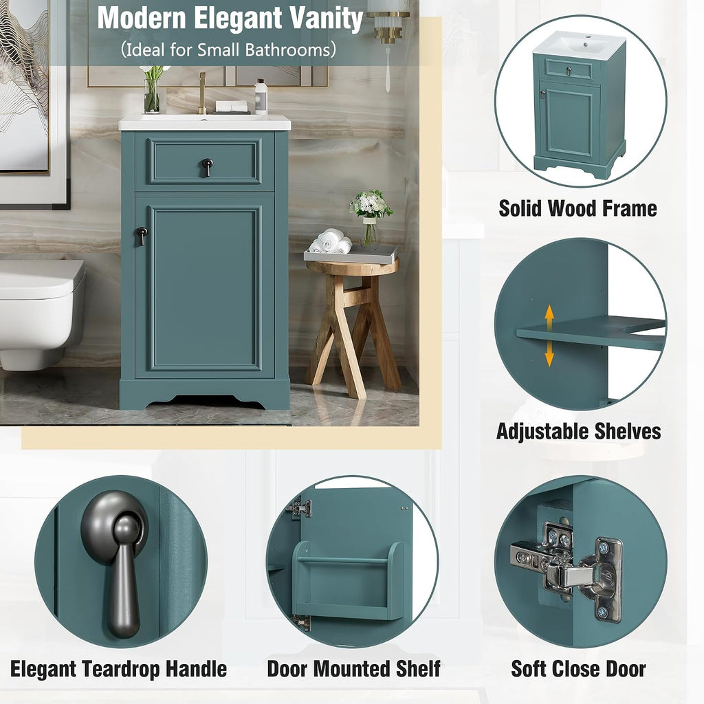 20 Inch Blue Green Bathroom Vanity with Ceramic Sink and Adjustable Shelf, Modern Bathroom Cabinet with Over Door Storage Rack and Soft Close Door