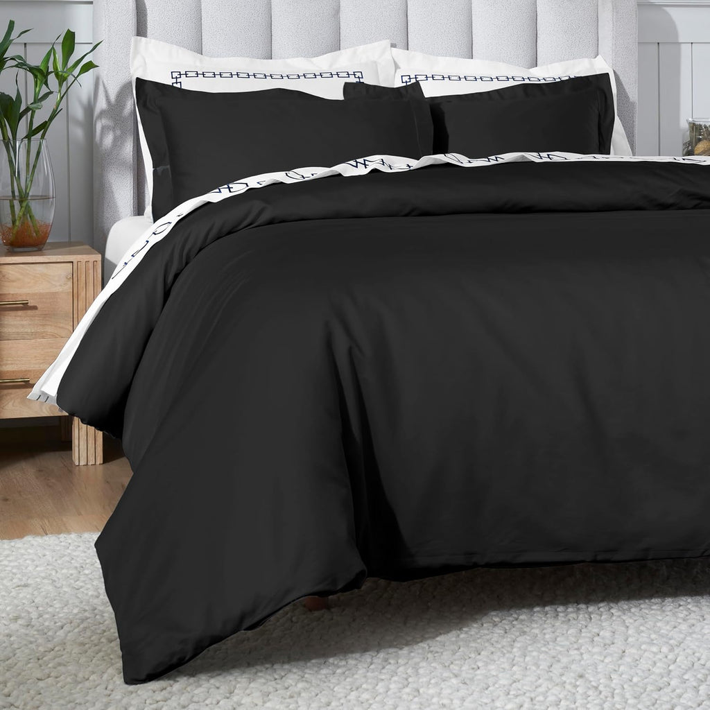 Superior Egyptian Cotton 650 Thread Count Duvet Cover Set, Bed Covers, Includes 1 Duvet Cover, 2 Pillow Shams, Bedding Essentials, Master, Guest, Hotel Bedroom Decor, Full/Queen, Black