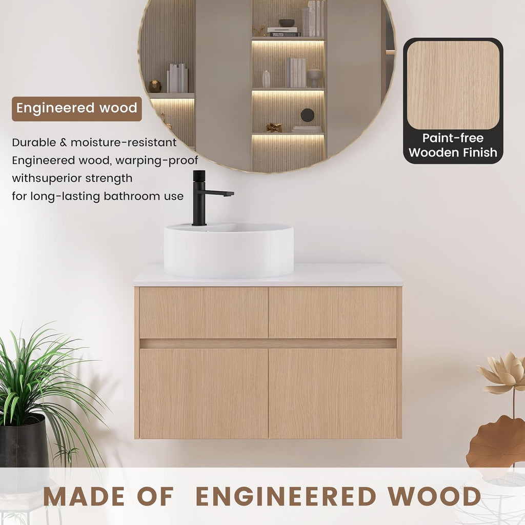 32 Inch Floating Bathroom Vanity with Sink, Modern Wall Mounted Cabinet, Ceramic Vessel Basin, 2 Soft Close Doors and 2 Drawer, White Oak