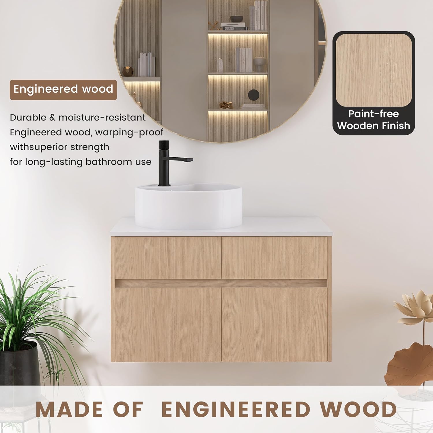 32 Inch Floating Bathroom Vanity with Sink, Modern Wall Mounted Cabinet, Ceramic Vessel Basin, 2 Soft Close Doors and 2 Drawer, White Oak