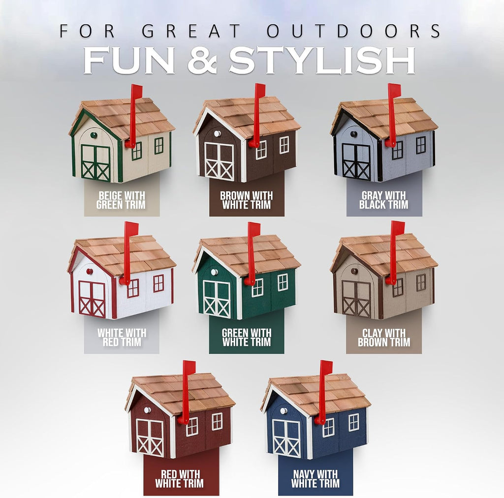 Peaceful Classics Amish Cedar Roof Wooden Mailbox with Window & Door Trim, Handcrafted Mailboxes for Outside, Post Mount Residential Mailboxes - (Red with White Trim)