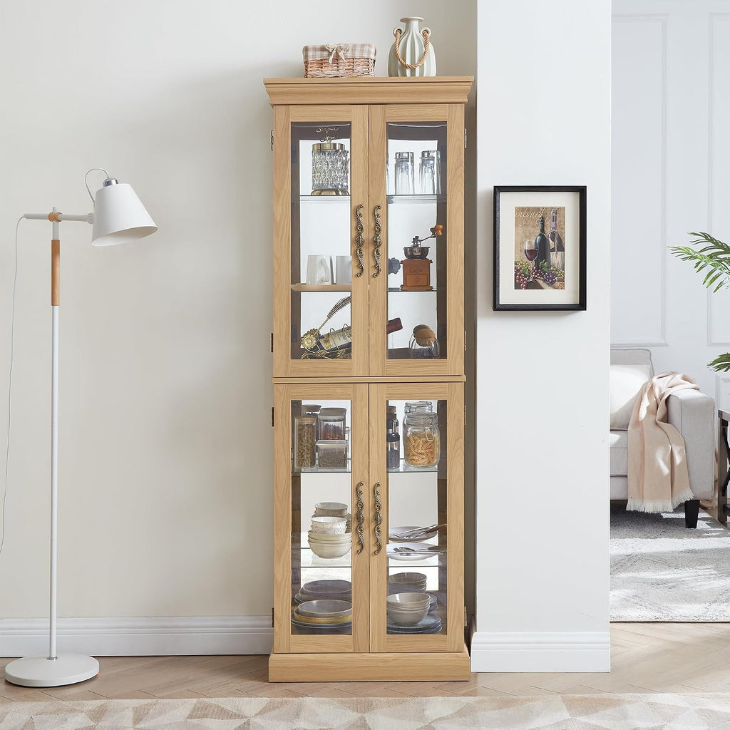 71' H Lighted Curio Cabinet Display Case, Glass Curio Cabinets with Adjustable Shelves and Tempered Glass Door, Wooden Cabinet w/Mirrored Back Pane for Living Room (Light Oak)