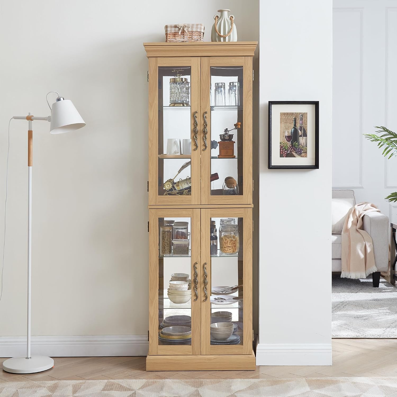 71' H Lighted Curio Cabinet Display Case, Glass Curio Cabinets with Adjustable Shelves and Tempered Glass Door, Wooden Cabinet w/Mirrored Back Pane for Living Room (Light Oak)