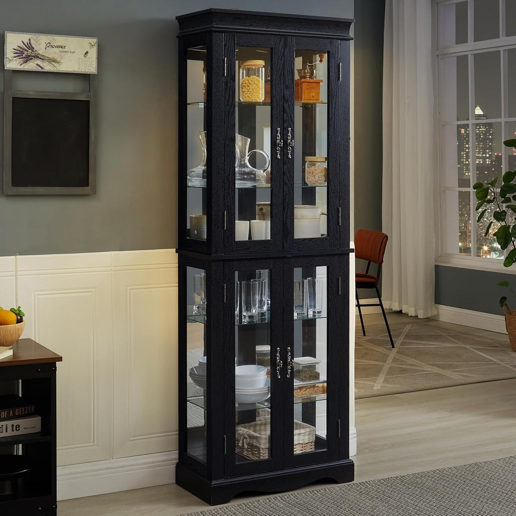 70'H Lighted Wooden Curio Cabinet, Freestanding Glass Display Case with Tempered Glass Door,Adjustable Shelves and Mirrored Back Panel, Decorative Storage Cabinet for Living Room,Office (Black)