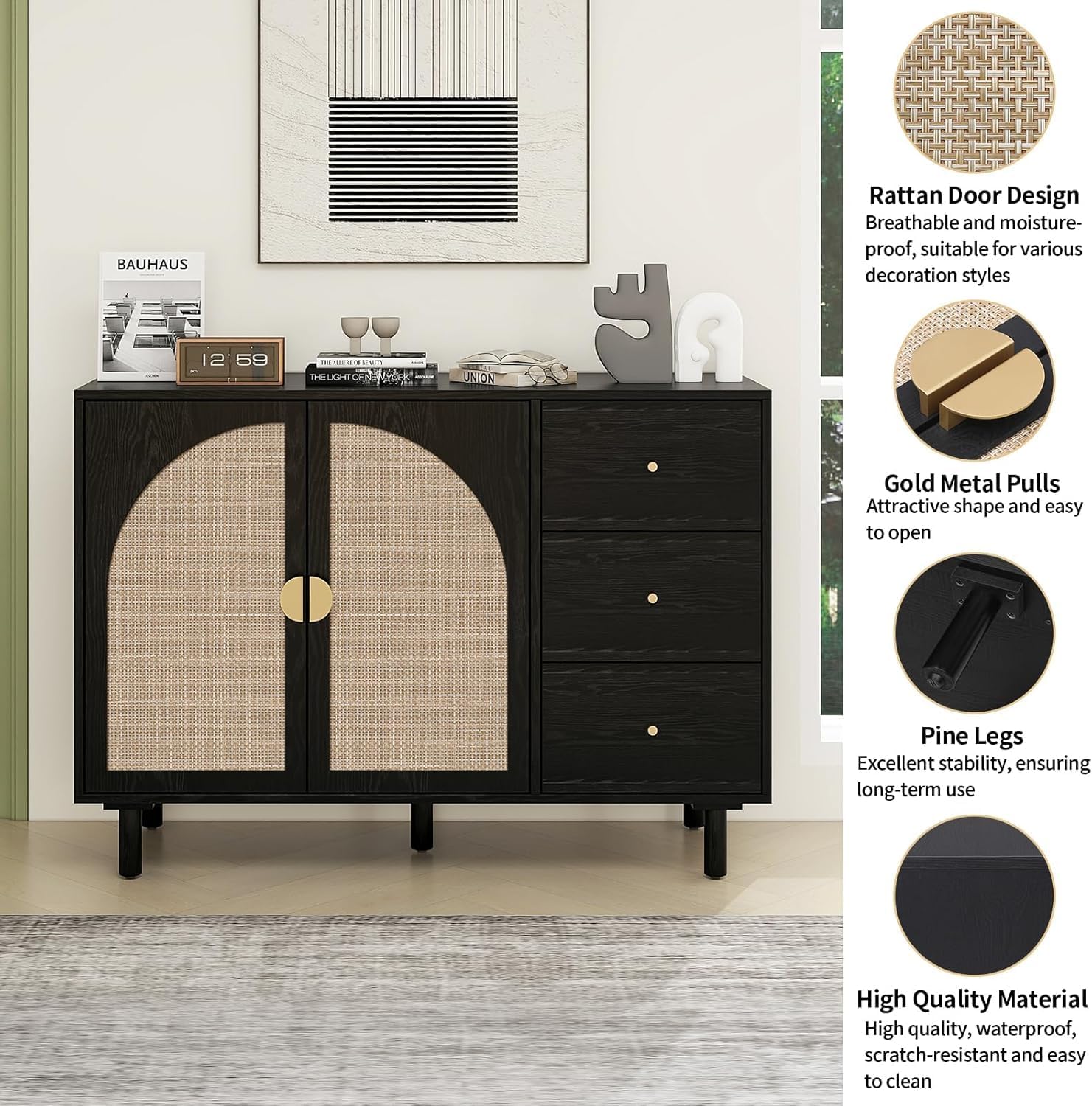 Black 44.8'' Modern Rattan Sideboard Buffet with 2 Door 3 Draw, Minimalist Cabinet for Living/Kitchen/Hallway Storage,Multi-Scene (TV Stand/Buffet), Boho/Scandinavian Style